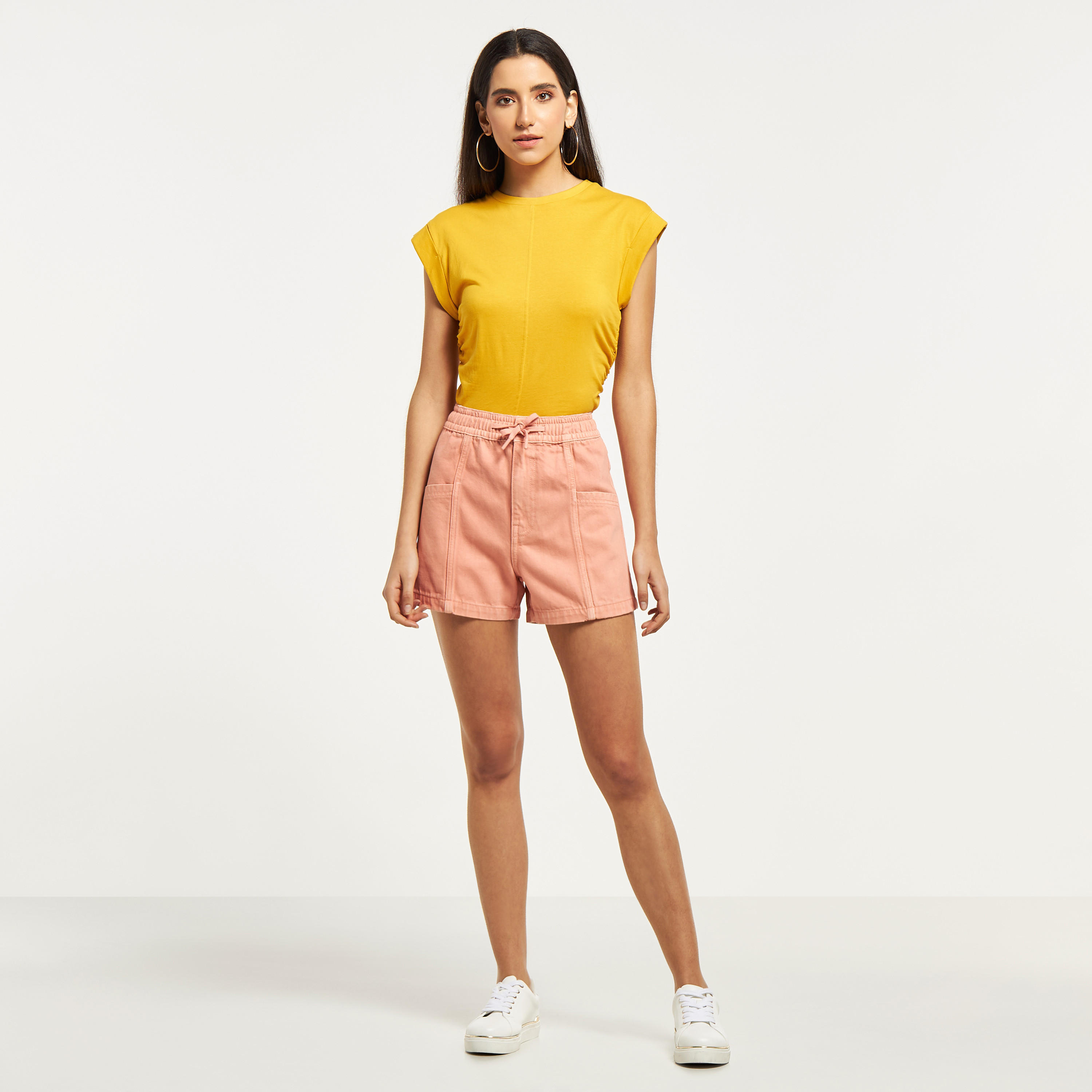 Solid Denim Shorts with Elasticated Waistband and Pockets-women-clothing-bottoms-shorts-image-10