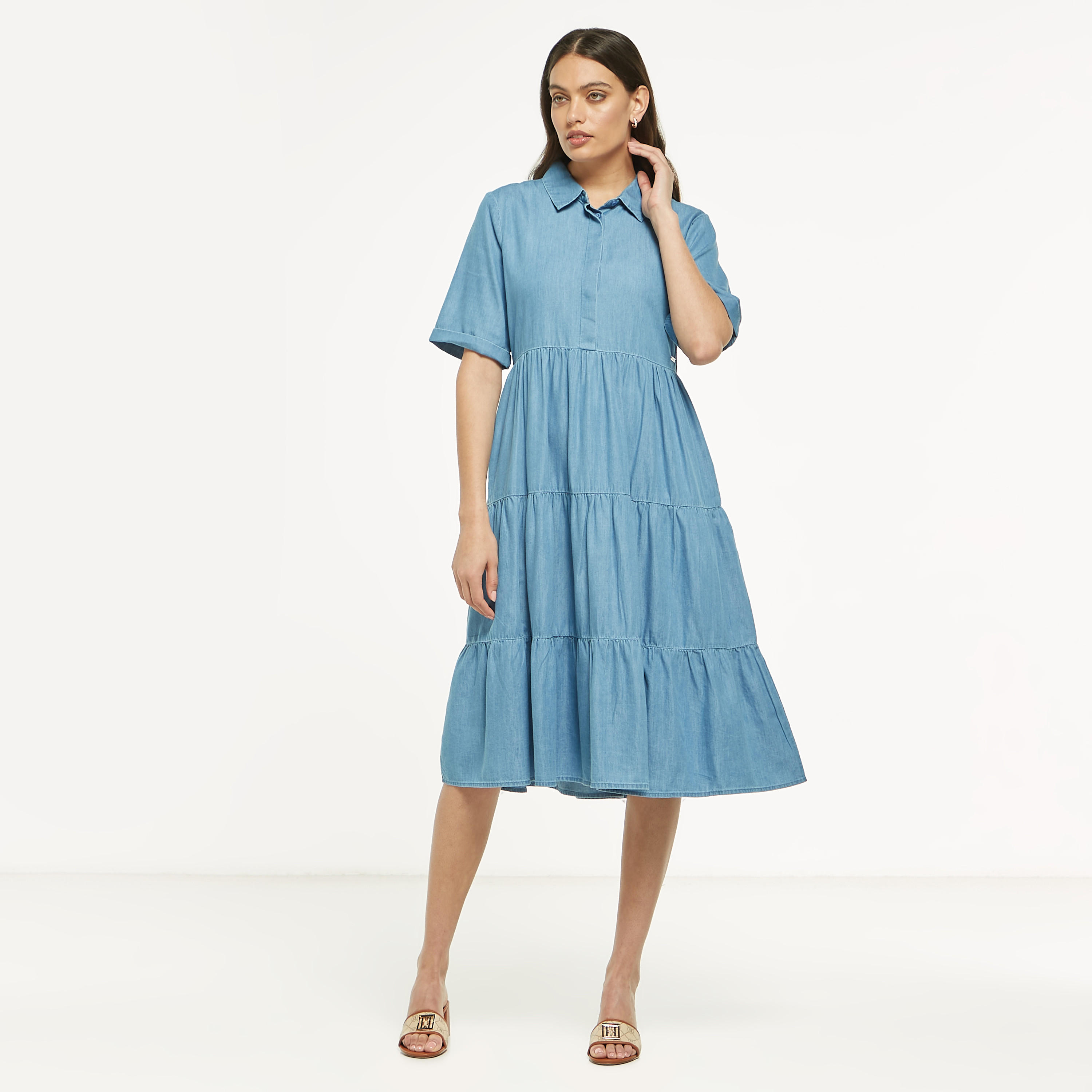 فستان إيه لاين ميدي سادة متعدّد الطبقات بأكمام قصيرة-women-clothing-dresses-image-1