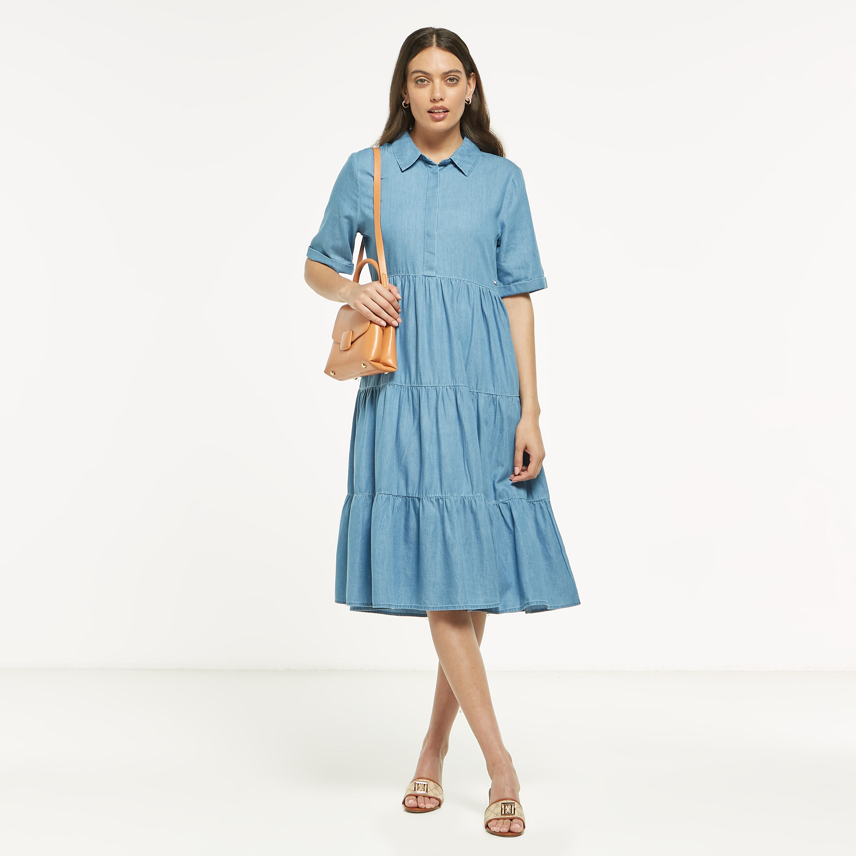 فستان إيه لاين ميدي سادة متعدّد الطبقات بأكمام قصيرة-women-clothing-dresses-image-2