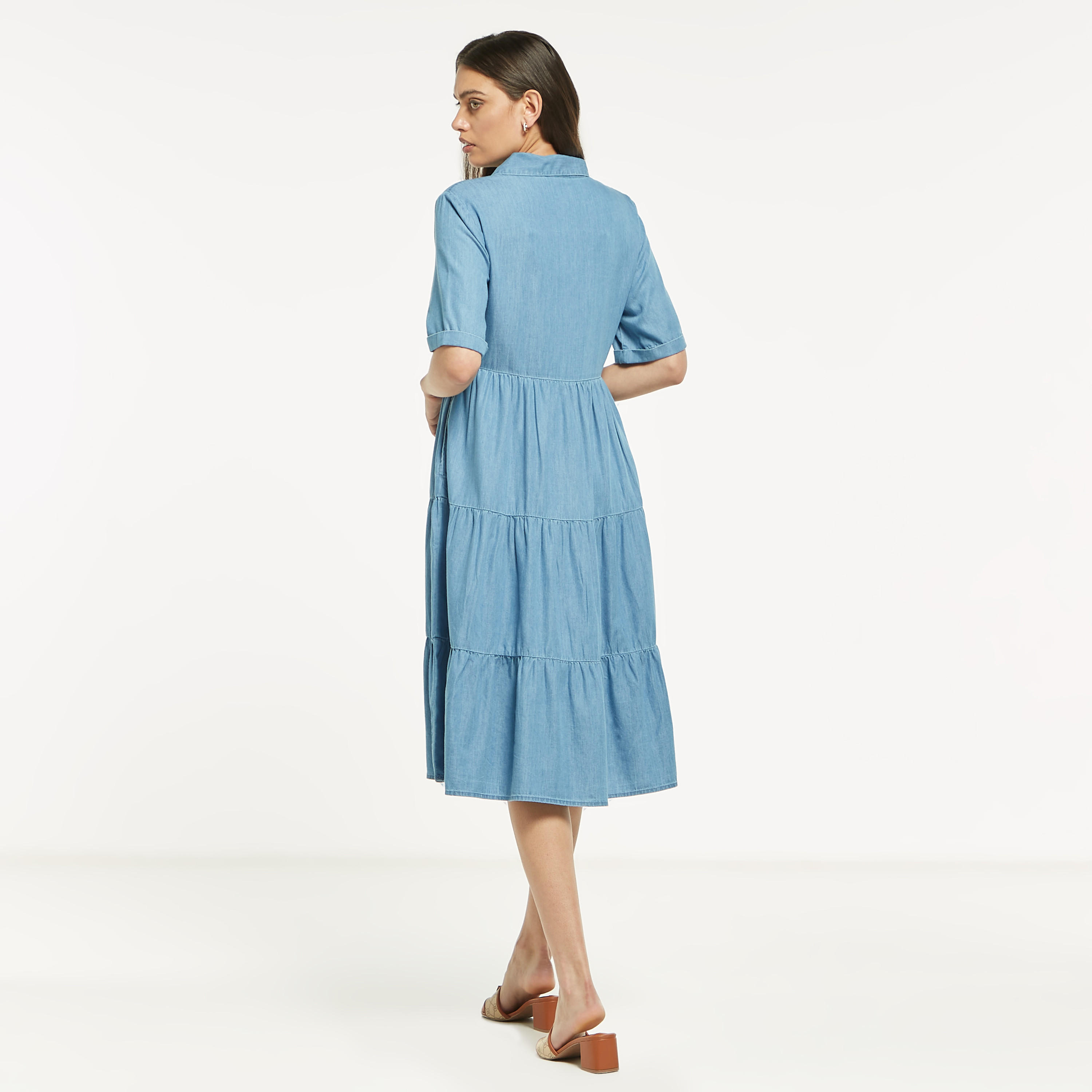 فستان إيه لاين ميدي سادة متعدّد الطبقات بأكمام قصيرة-women-clothing-dresses-image-3