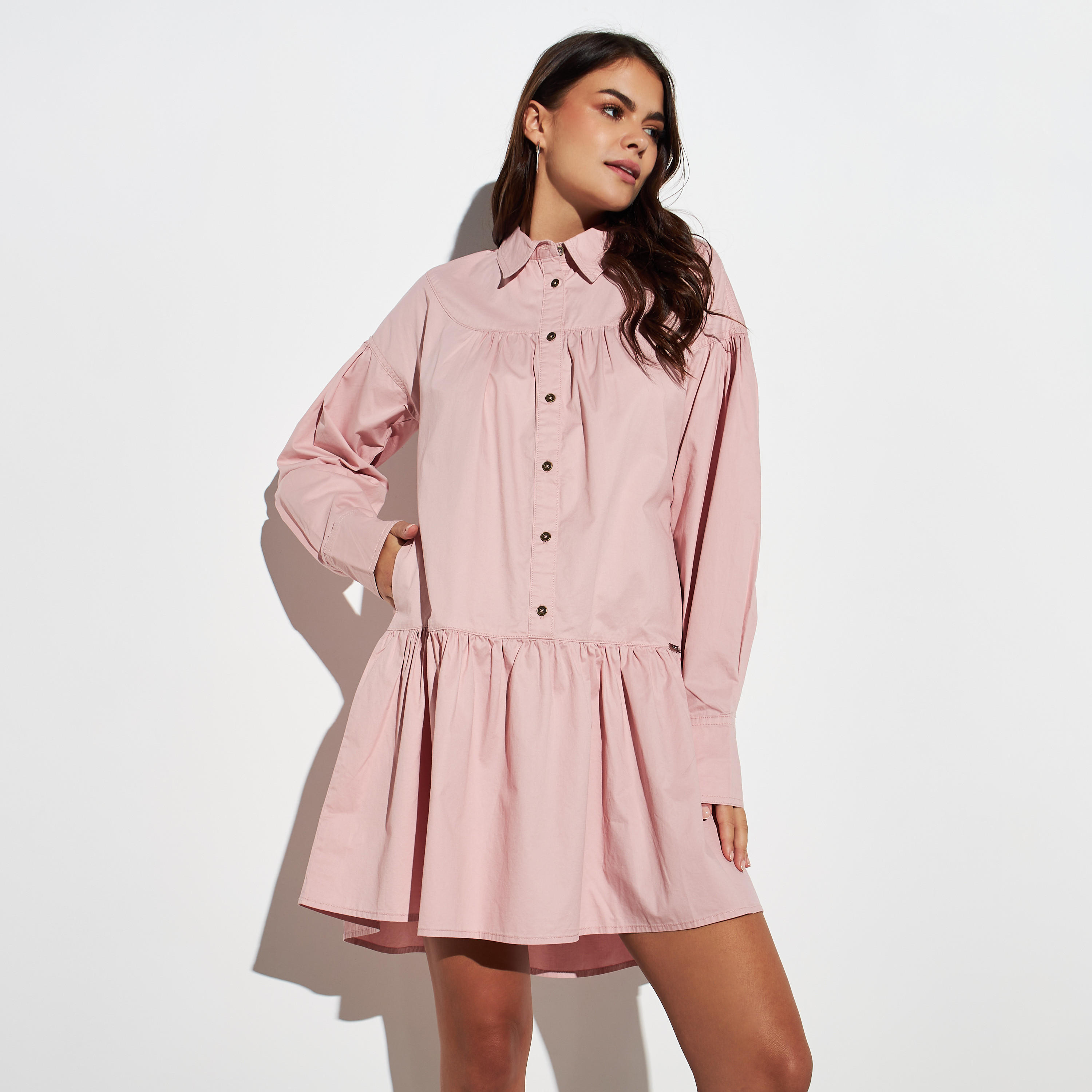 فستان قميص بخصر منسدل وجيوب وأكمام طويلة-women-clothing-dresses-image-2