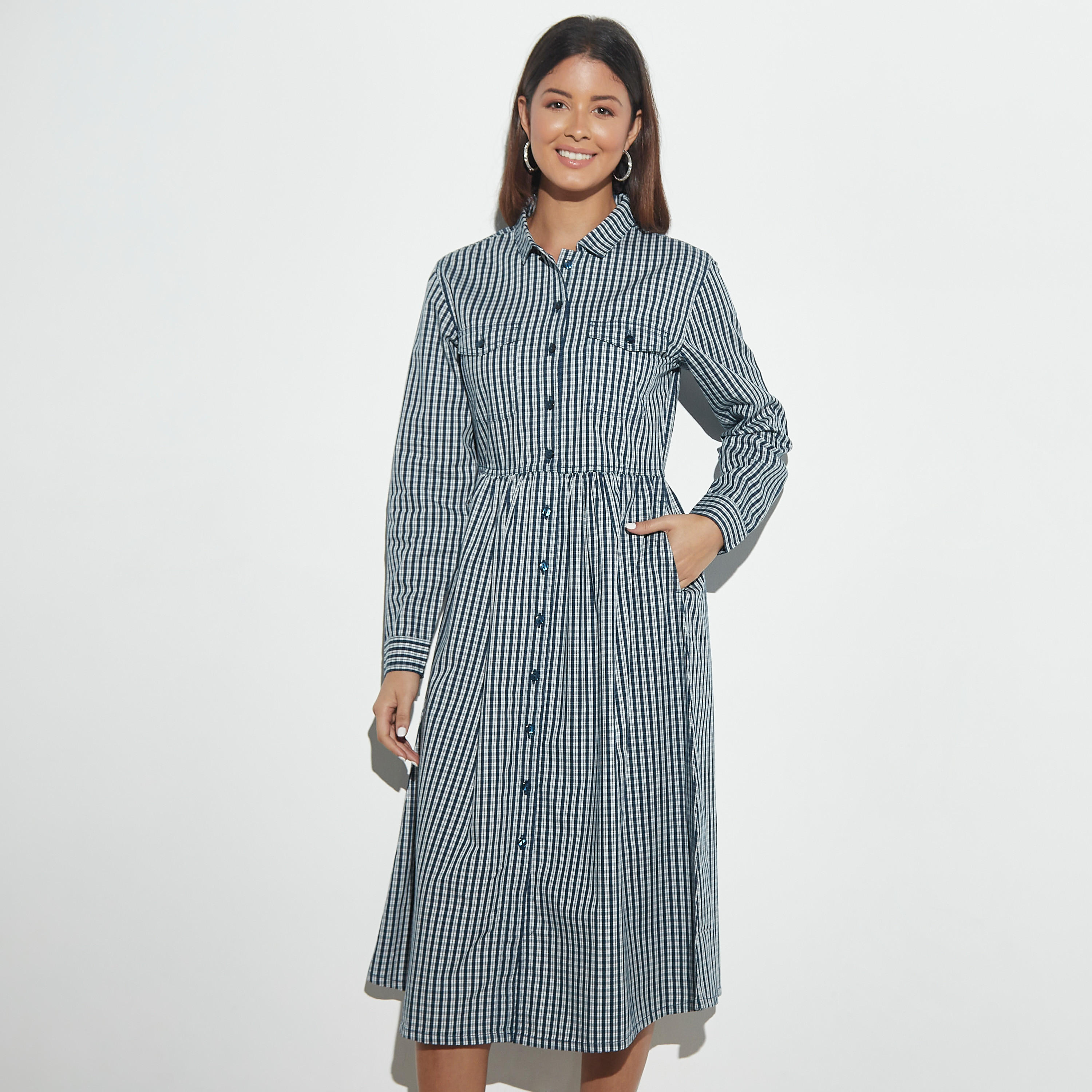 فستان قميص كاروهات بأكمام طويلة وجيوب-women-clothing-dresses-image-1