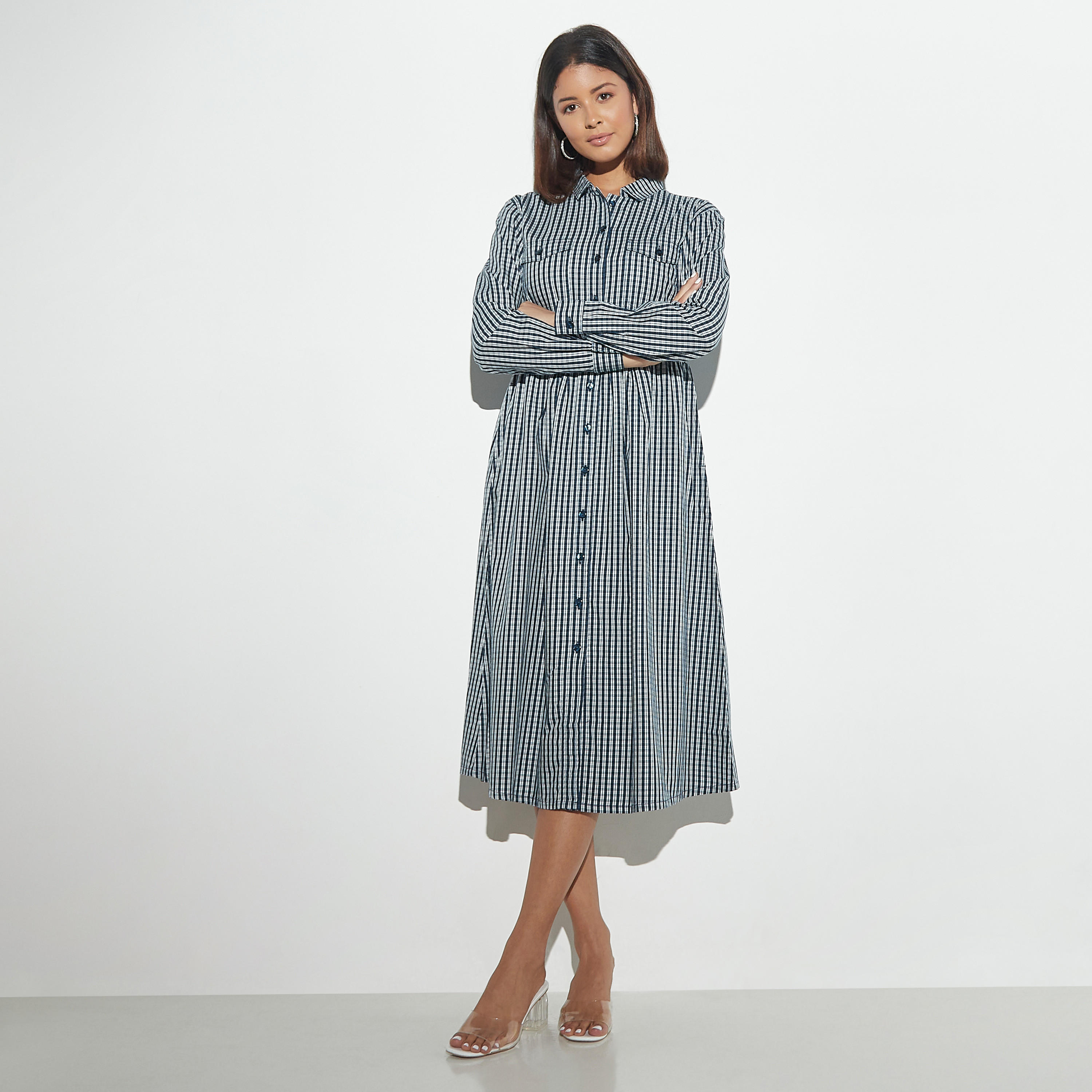 فستان قميص كاروهات بأكمام طويلة وجيوب-women-clothing-dresses-image-2