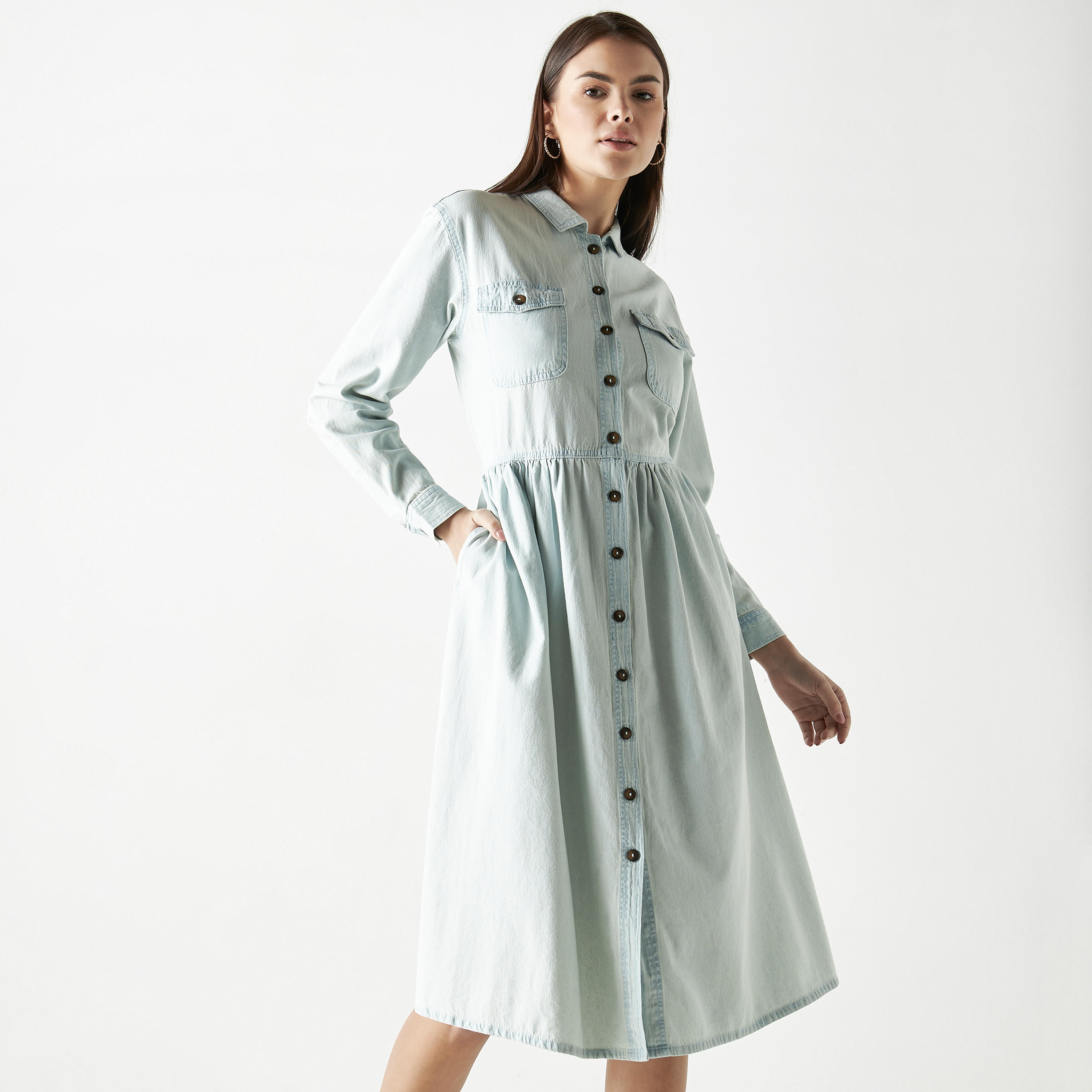 فستان قميص دنيم إيه لاين بياقة عادية وجيوب وأكمام طويلة-women-clothing-dresses-image-1