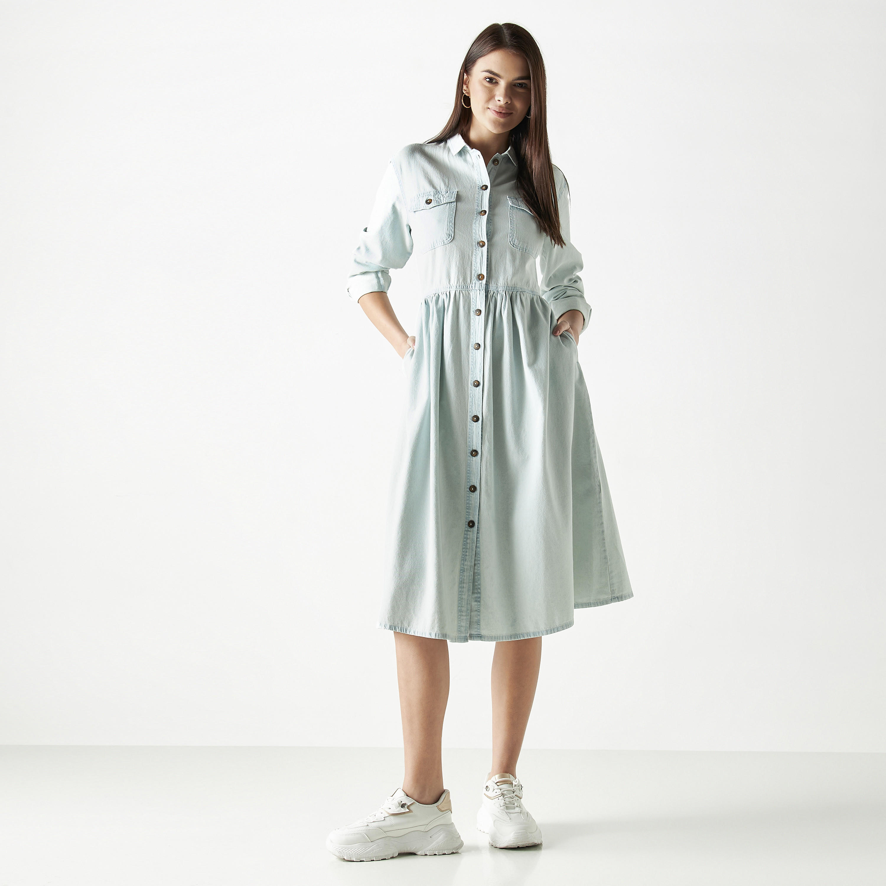 فستان قميص دنيم إيه لاين بياقة عادية وجيوب وأكمام طويلة-women-clothing-dresses-image-2