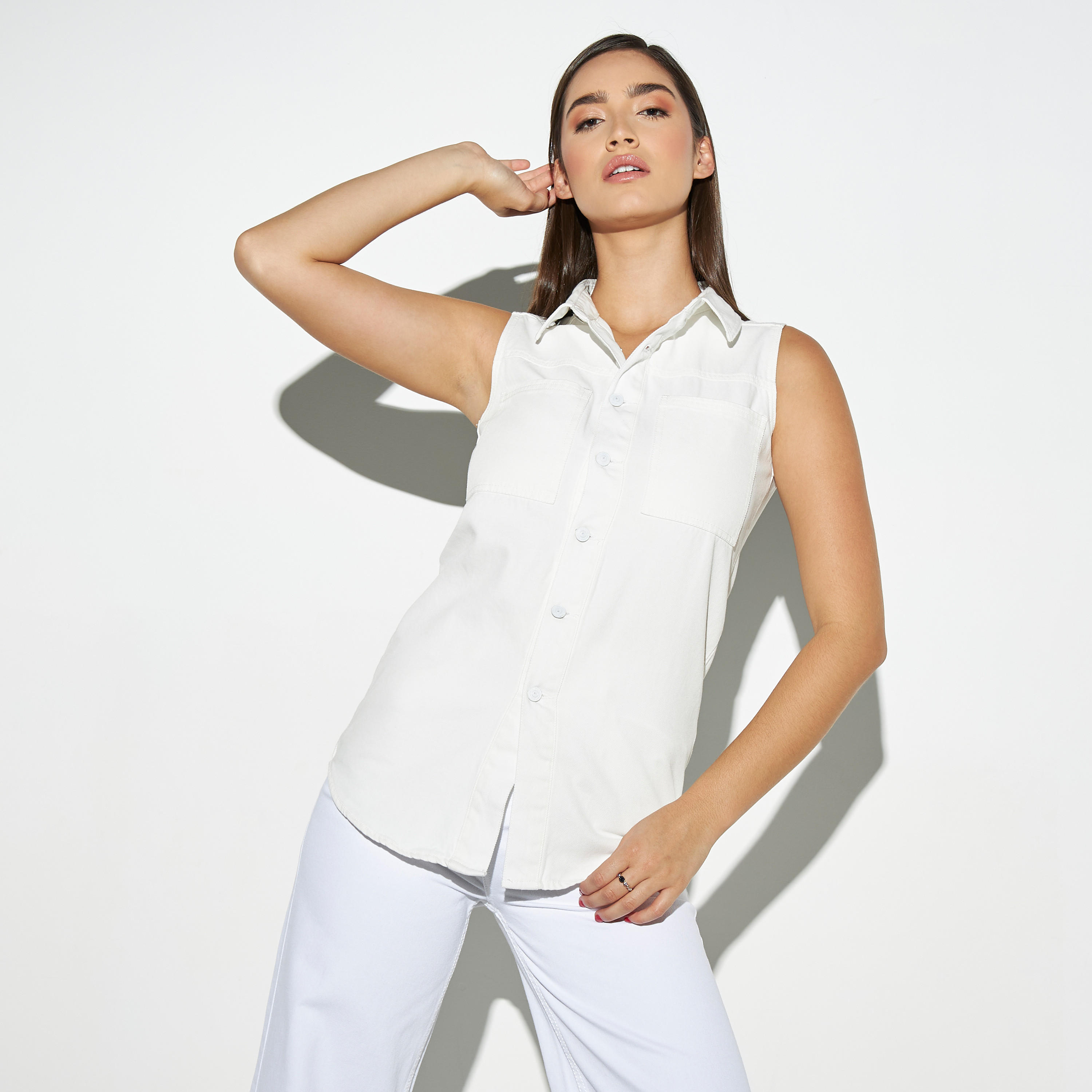 Solid Sleeveless Denim Shirt with Chest Pockets-women-clothing-shirtsandblouses-shirts-image-1