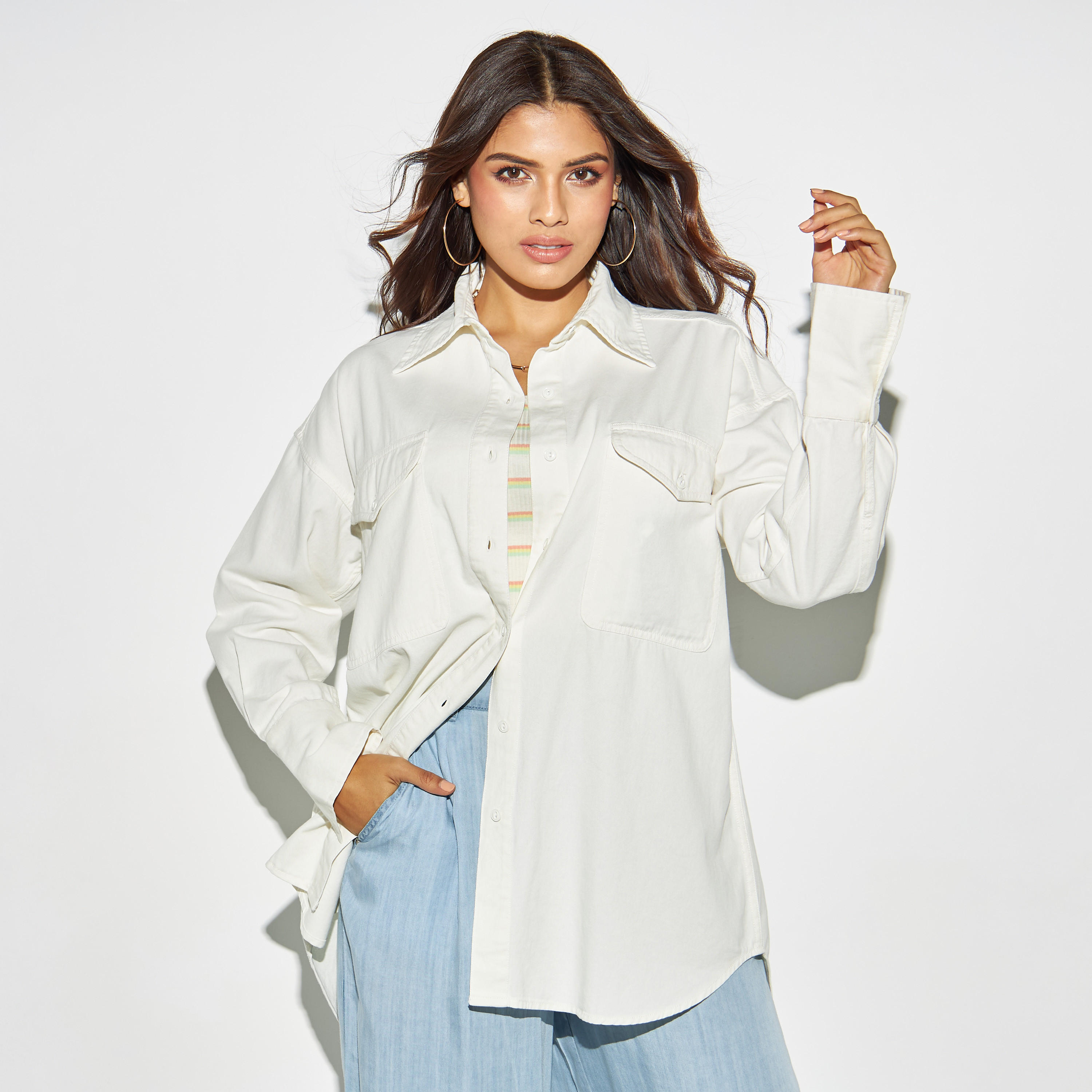 Solid High Low Denim Shirt with Pockets and Long Sleeves-women-clothing-shirtsandblouses-shirts-image-1