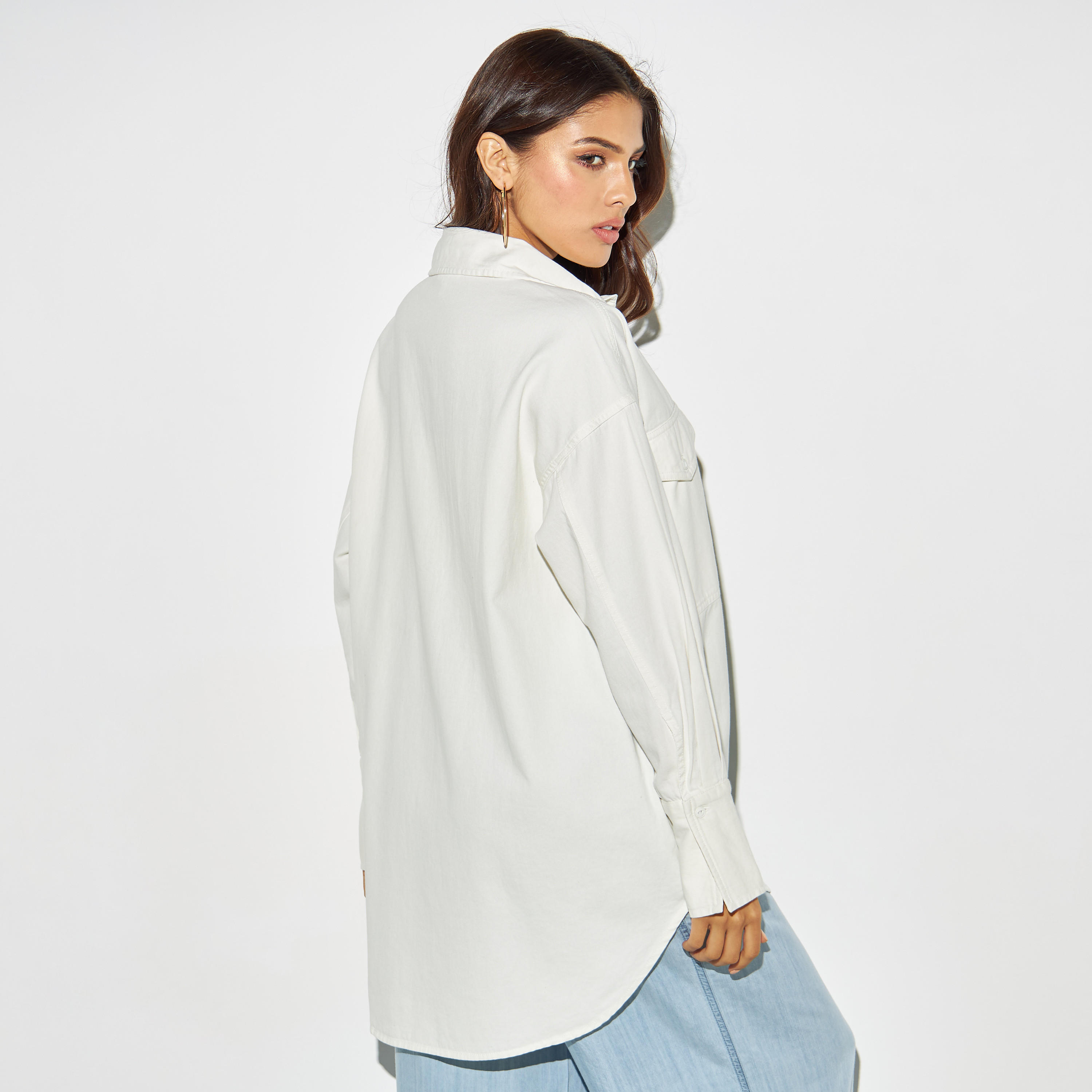 Solid High Low Denim Shirt with Pockets and Long Sleeves-women-clothing-shirtsandblouses-shirts-image-3