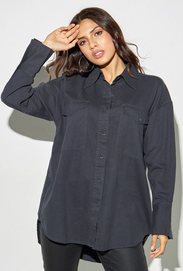 قميص دنيم سادة بجيوب وأكمام طويلة وحواف غير متماثلة-women-clothing-shirtsandblouses-shirts-image-1