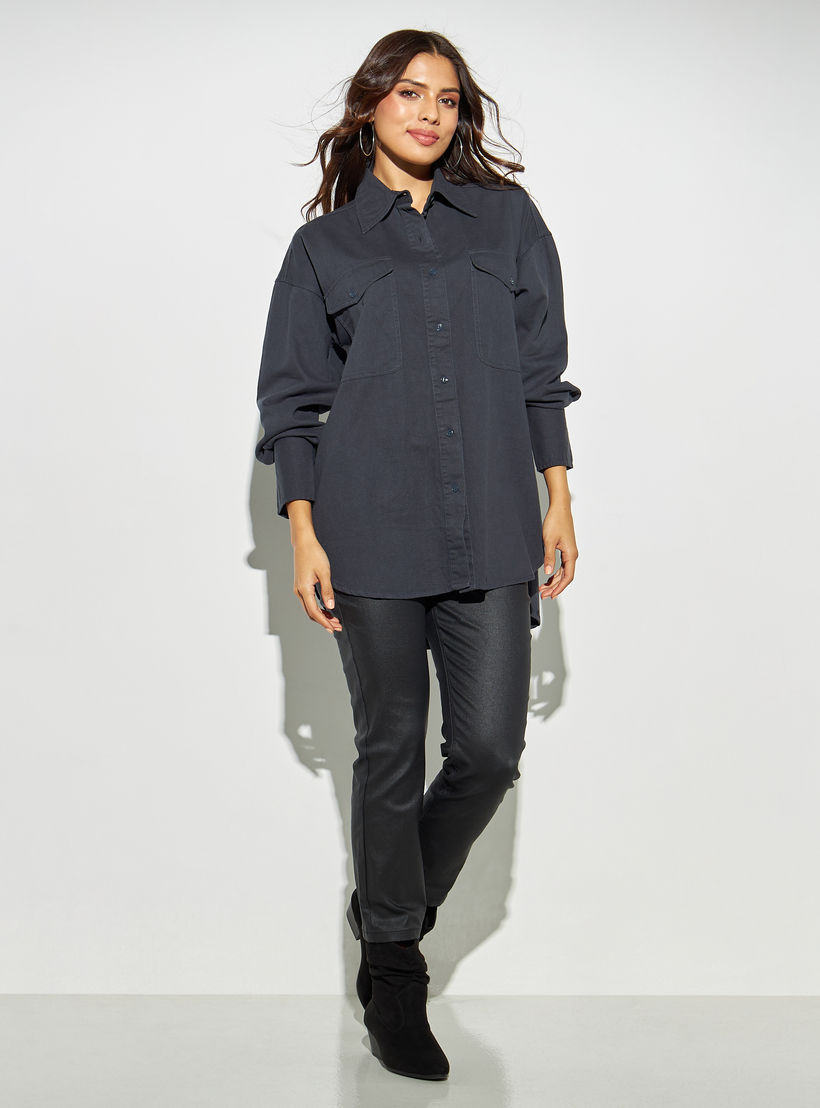 قميص دنيم سادة بجيوب وأكمام طويلة وحواف غير متماثلة-women-clothing-shirtsandblouses-shirts-image-2