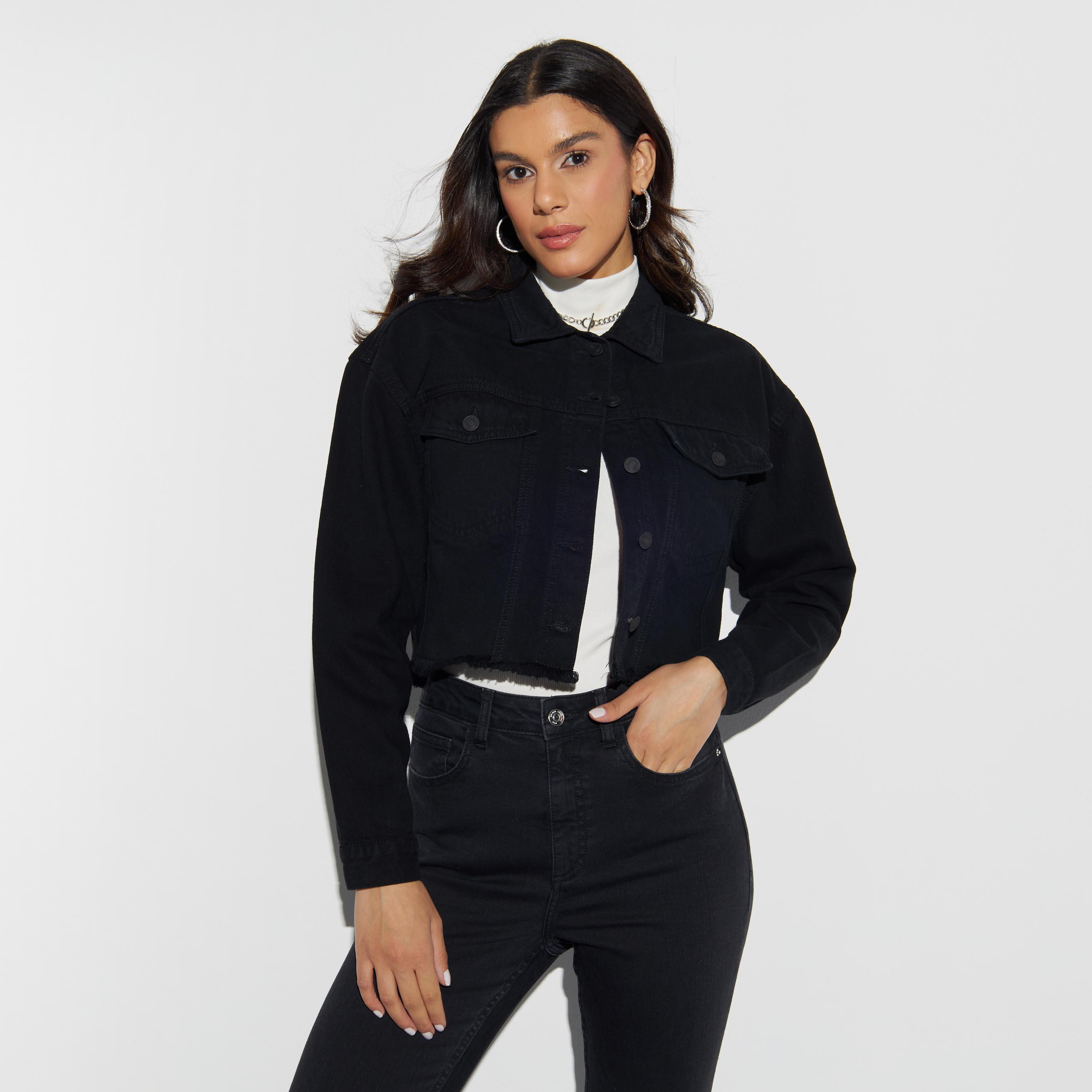 Denim Jacket with Pockets and Frayed Hem-women-winterwear-coatsandjackets-jackets-image-1