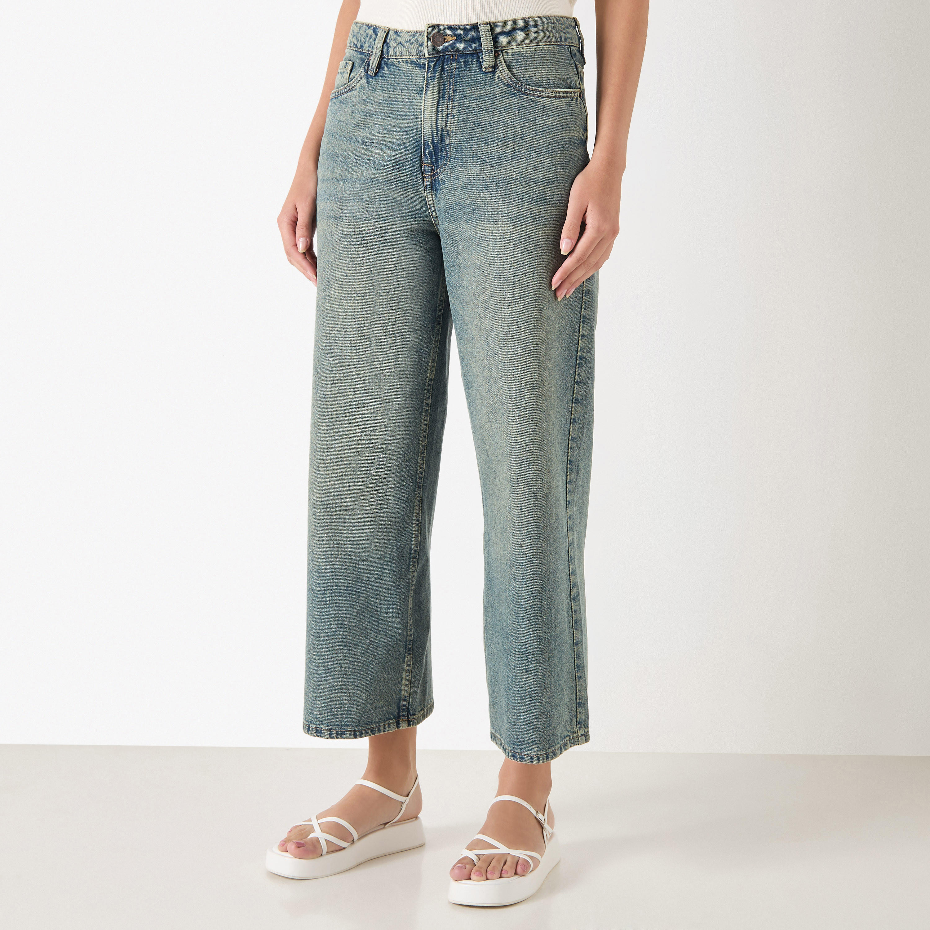 بنطلون جينز سادة واسع الساقين بخصر متوسط الارتفاع-women-clothing-bottoms-jeans-image-1