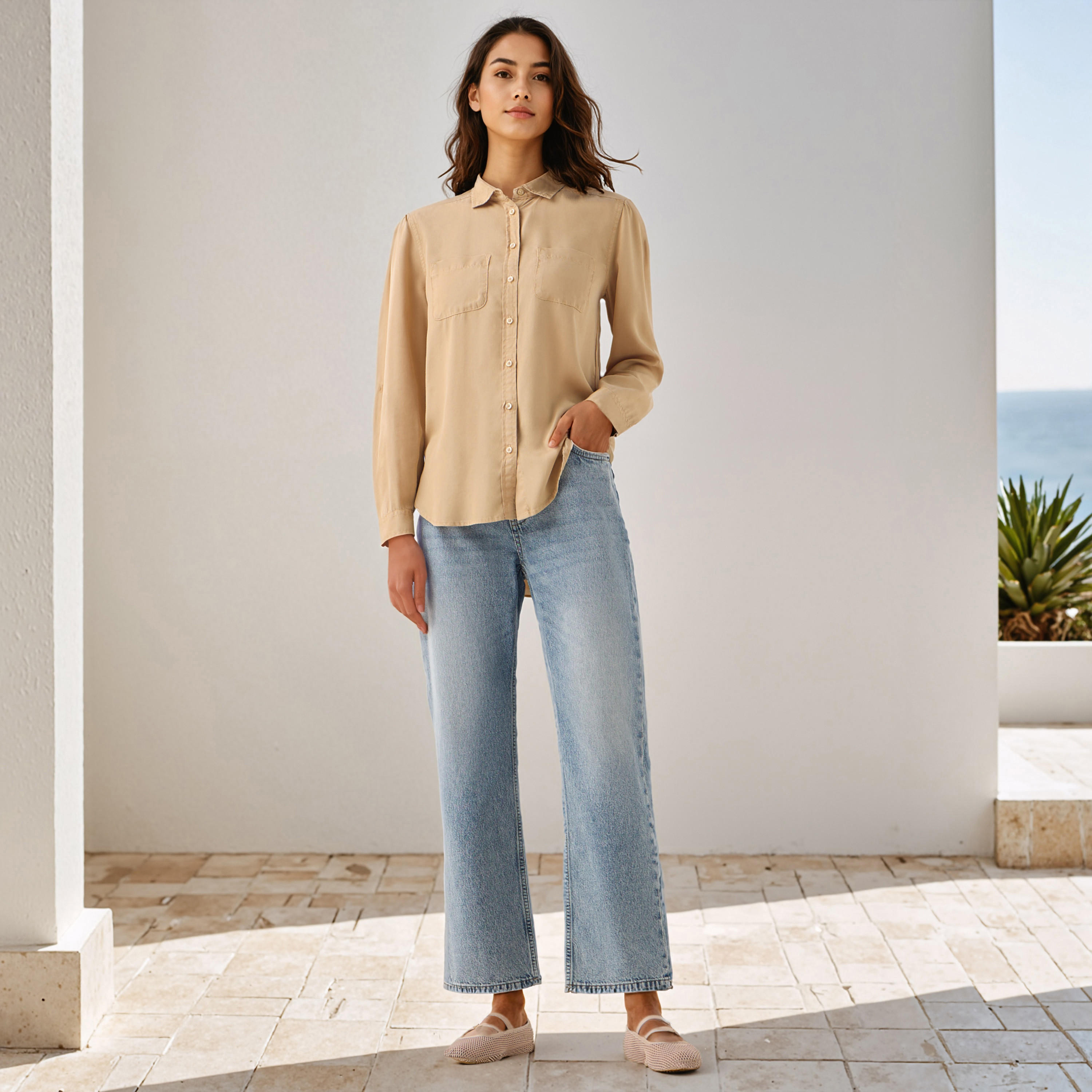 بنطلون جينز بارز الملمس بخصر عالي وقصّة مستقيمة مع زر إغلاق-women-clothing-bottoms-jeans-image-2