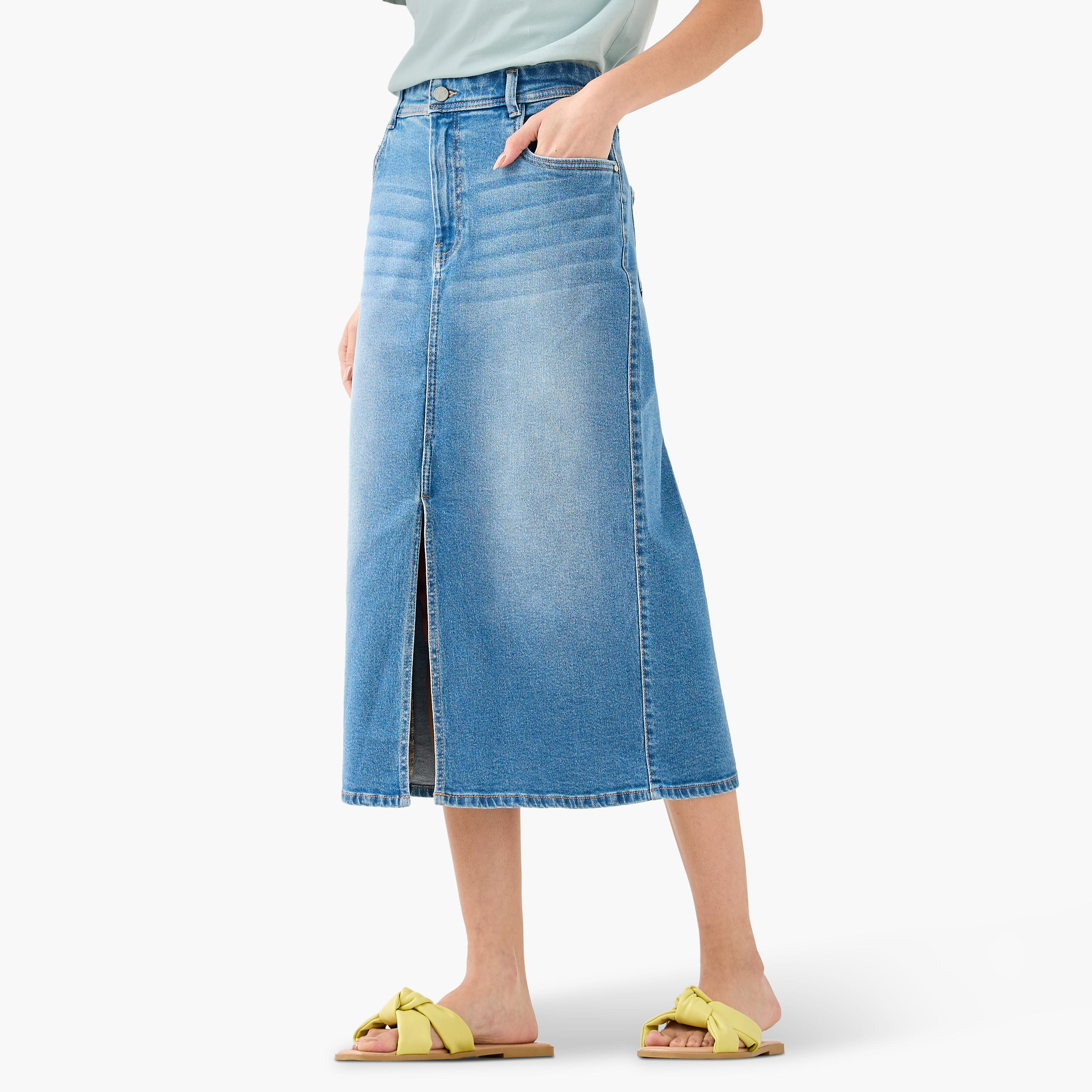 Denim Midi A-Line Skirt with Front Slit-women-clothing-bottoms-skirts-image-1