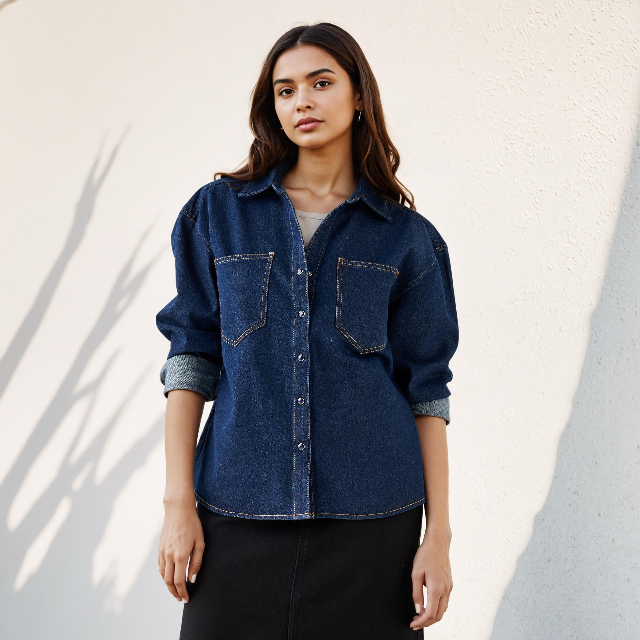Oversized Collared Cotton Denim Shirt-women-clothing-shirtsandblouses-shirts-image-1