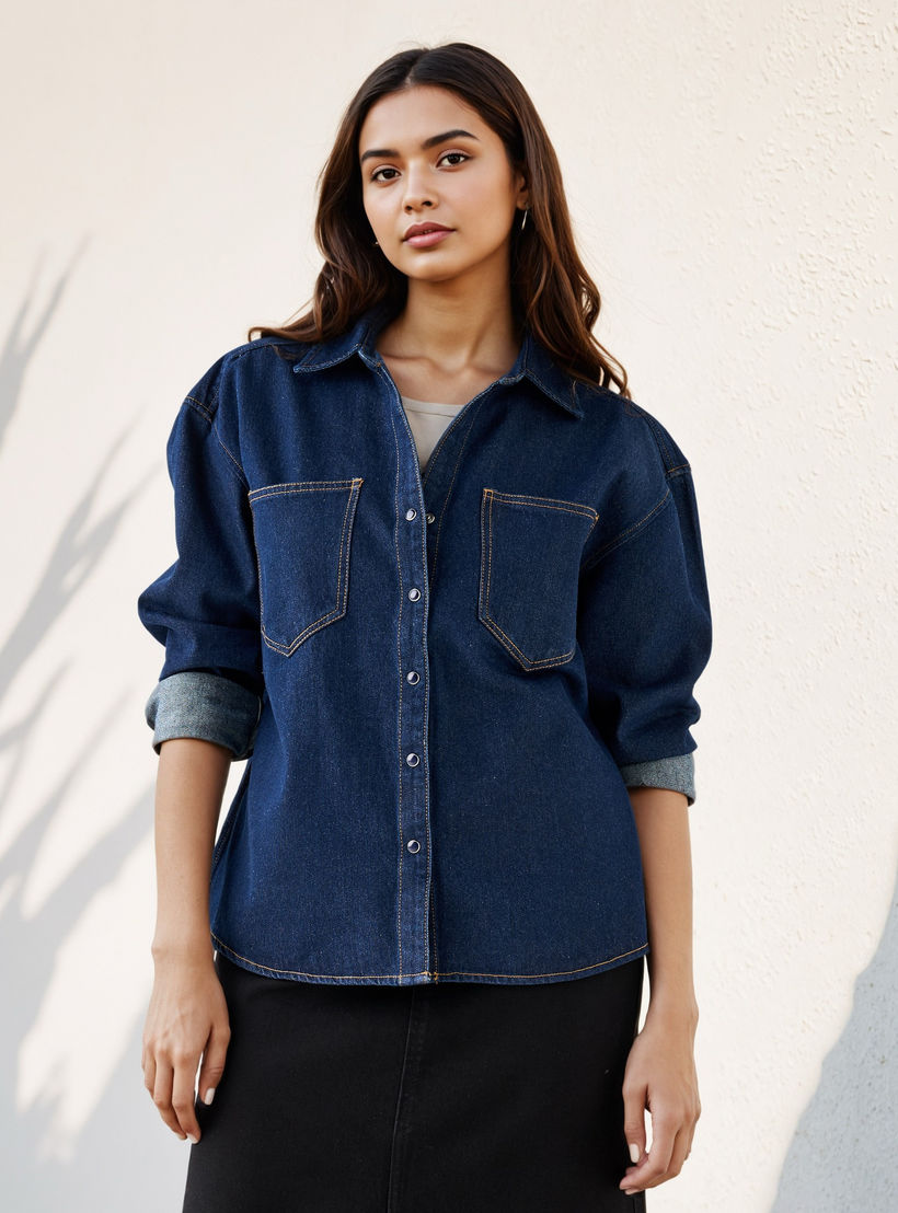 Oversized Collared Cotton Denim Shirt-women-clothing-shirtsandblouses-shirts-image-1