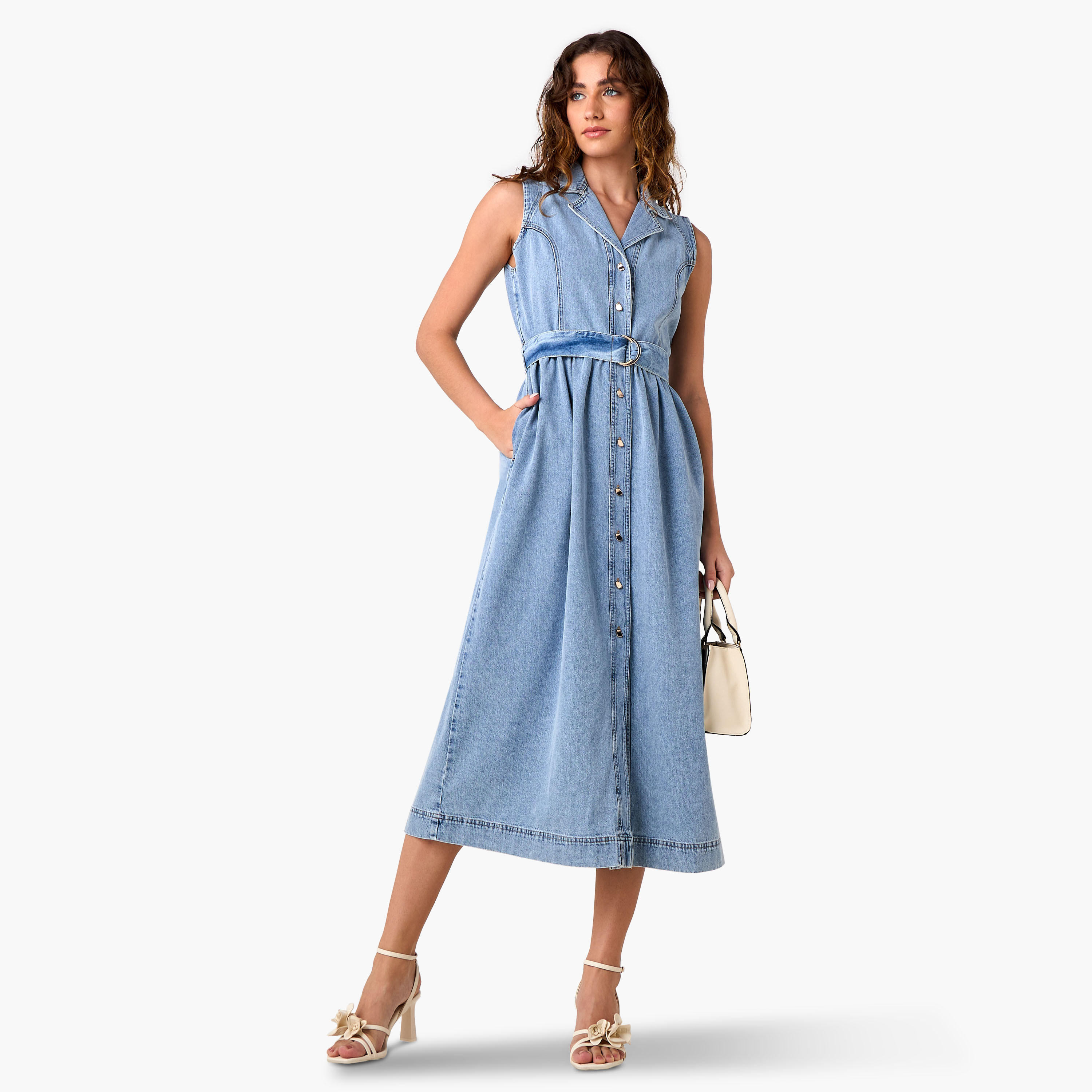 Sleeveless Denim Shirt Cotton Dress with Tie-Up Belt-women-clothing-dresses-image-1