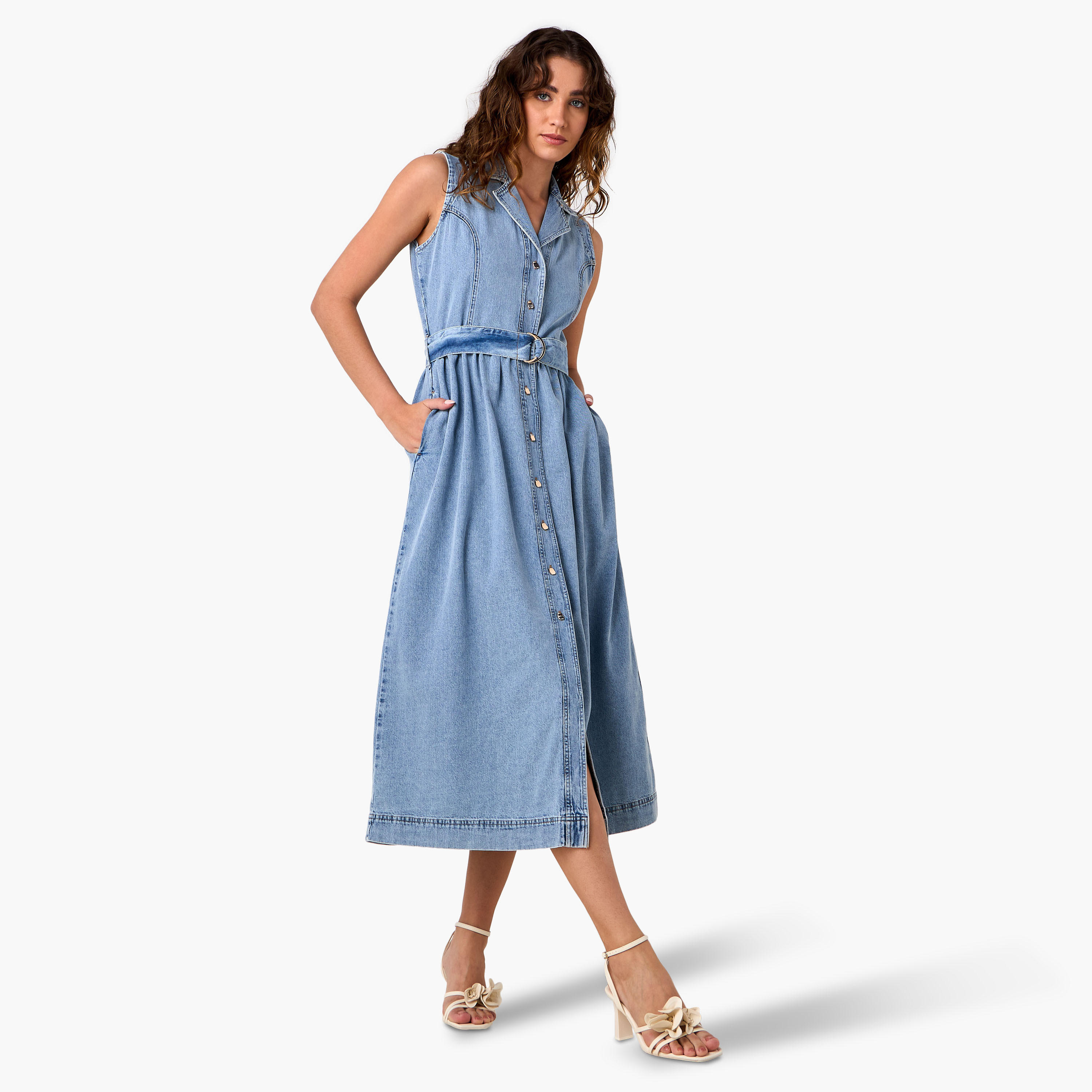 Sleeveless Denim Shirt Cotton Dress with Tie-Up Belt-women-clothing-dresses-image-2
