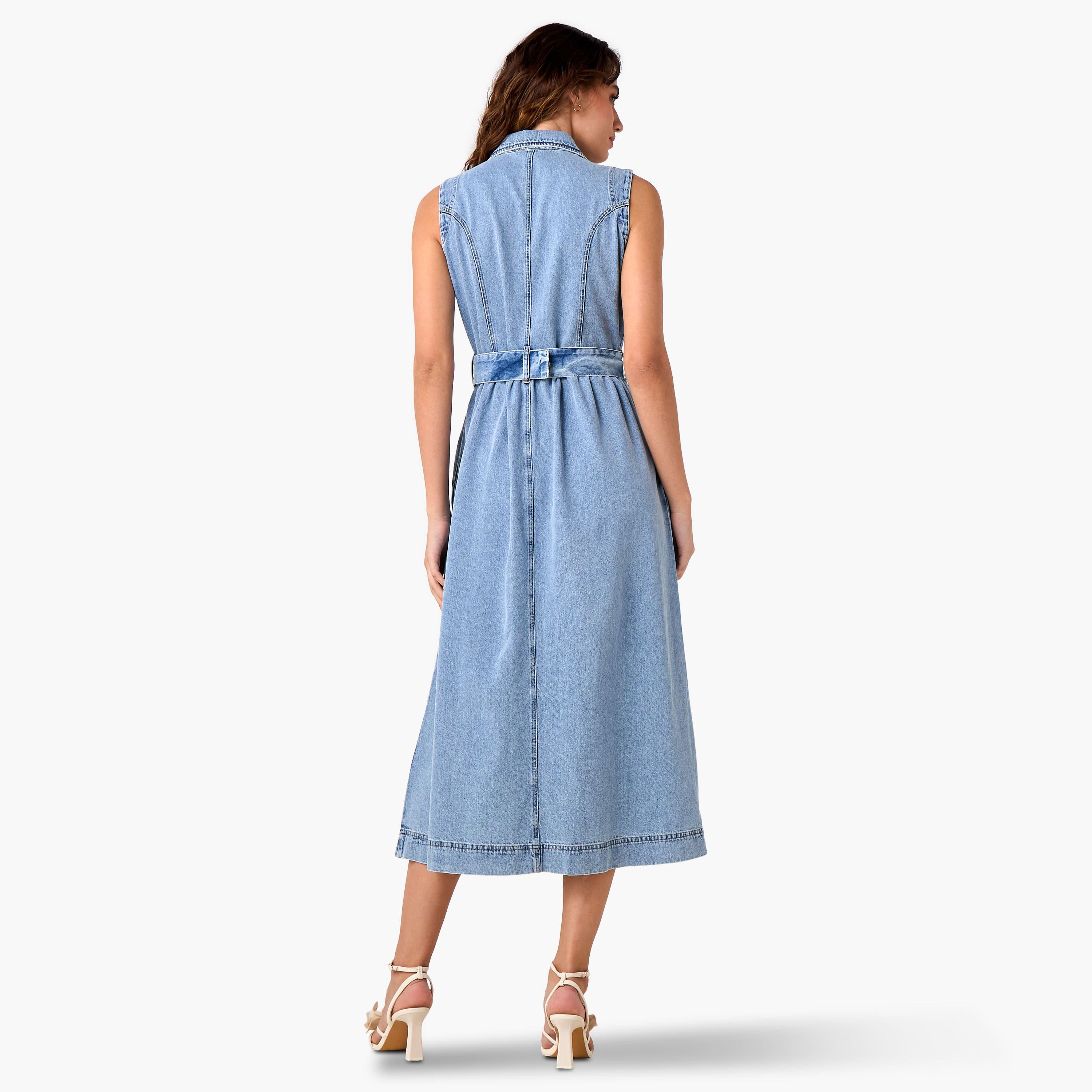 Sleeveless Denim Shirt Cotton Dress with Tie-Up Belt-women-clothing-dresses-image-3