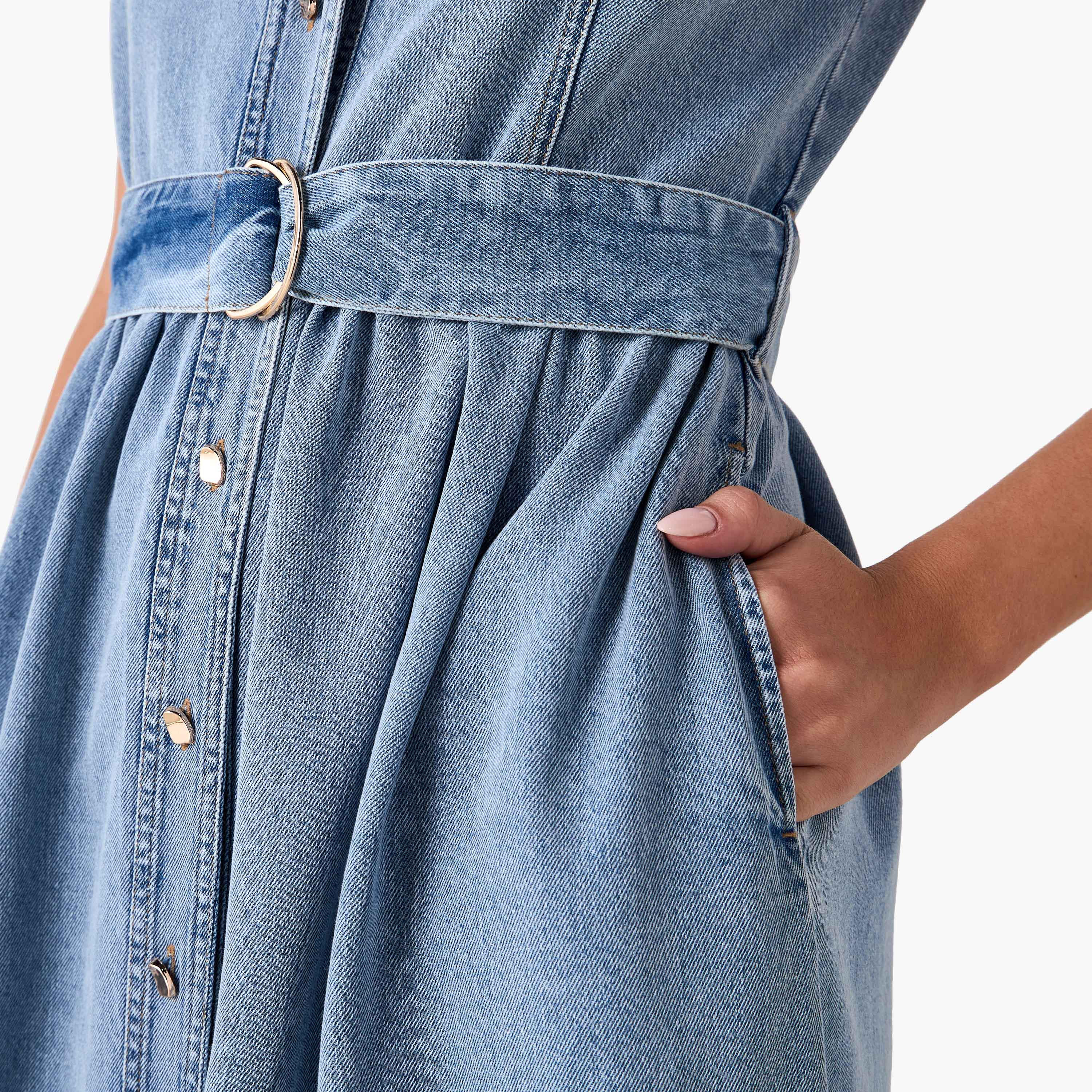 Sleeveless Denim Shirt Cotton Dress with Tie-Up Belt-women-clothing-dresses-image-4
