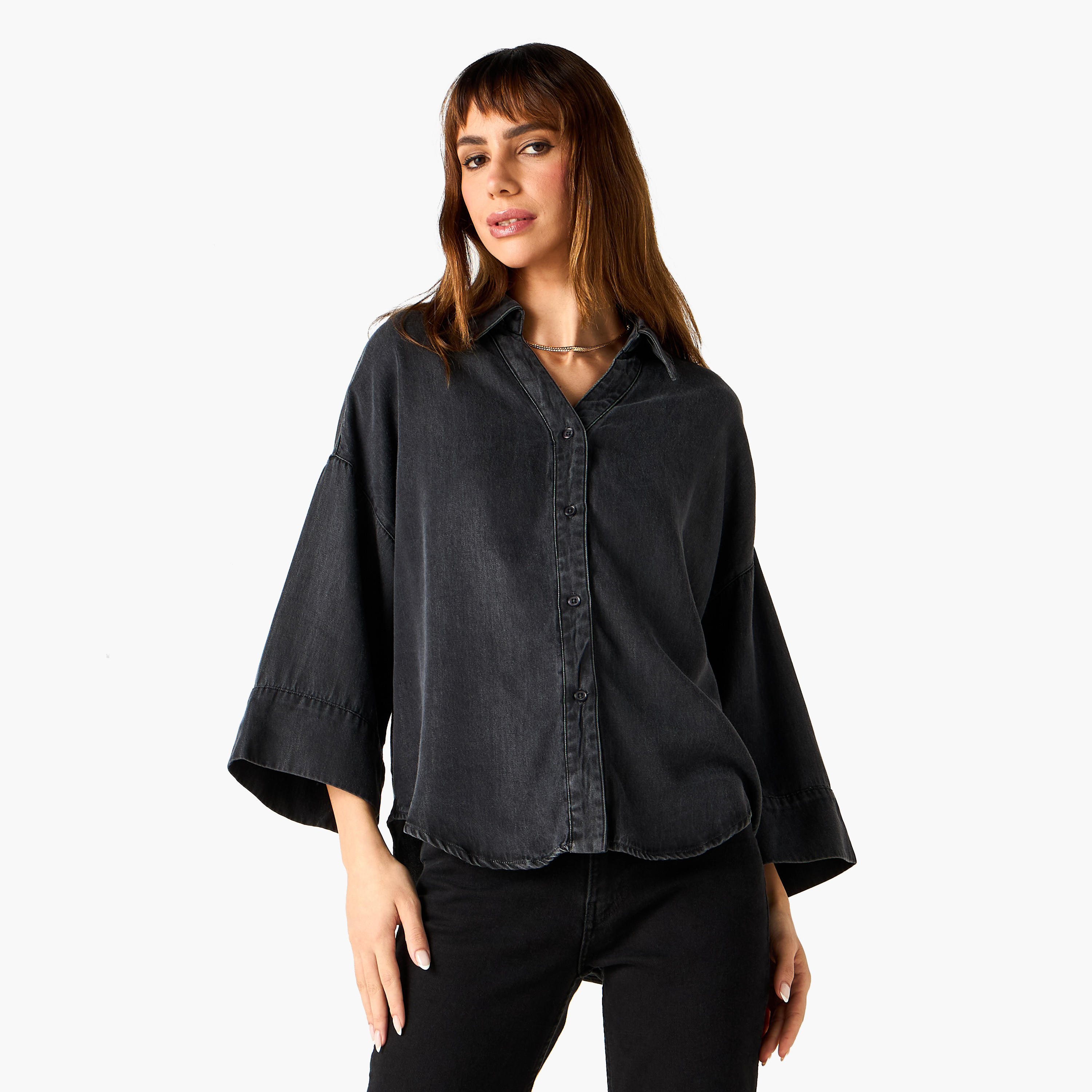 Oversized Denim Shirt with Drop Shoulder Sleeves-women-clothing-shirtsandblouses-shirts-image-1