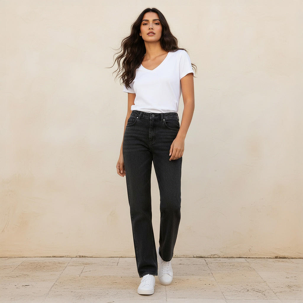 بنطلون جينز بقصة مستقيمة وخصر عالي-women-clothing-bottoms-jeans-image-2