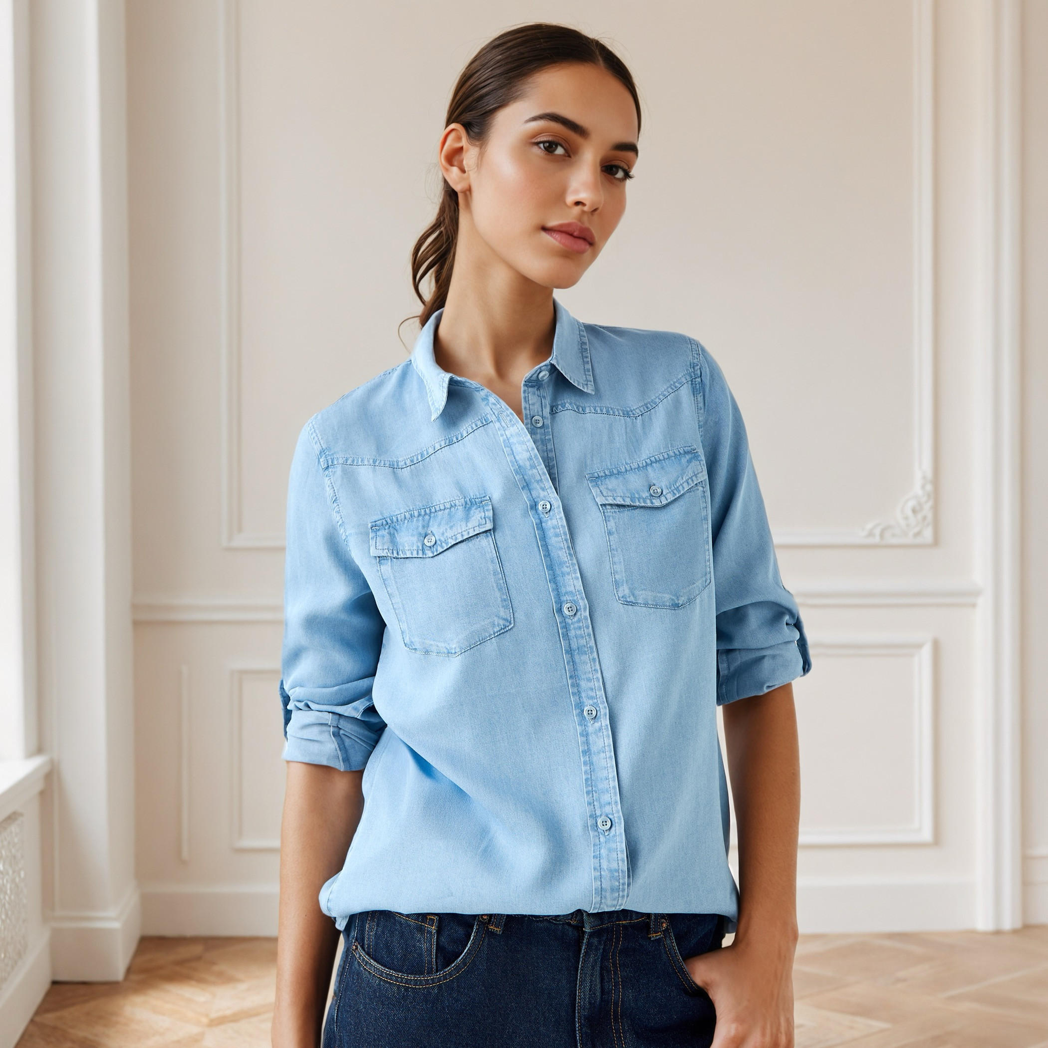 Regular Fit Denim Collar Shirt-women-clothing-shirtsandblouses-shirts-image-1
