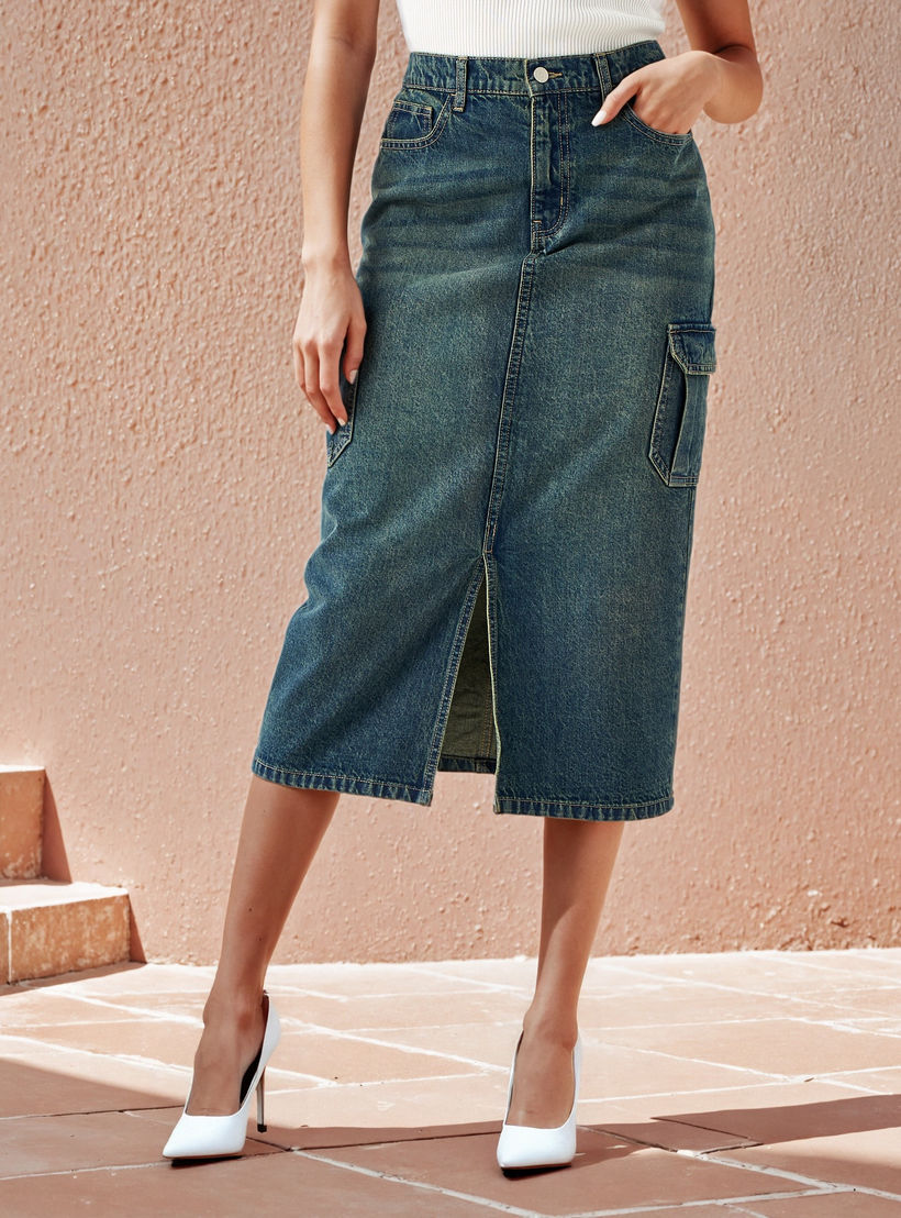 تنورة جينز كارغو إيه لاين مع فتحة أمامية-women-clothing-bottoms-skirts-image-1