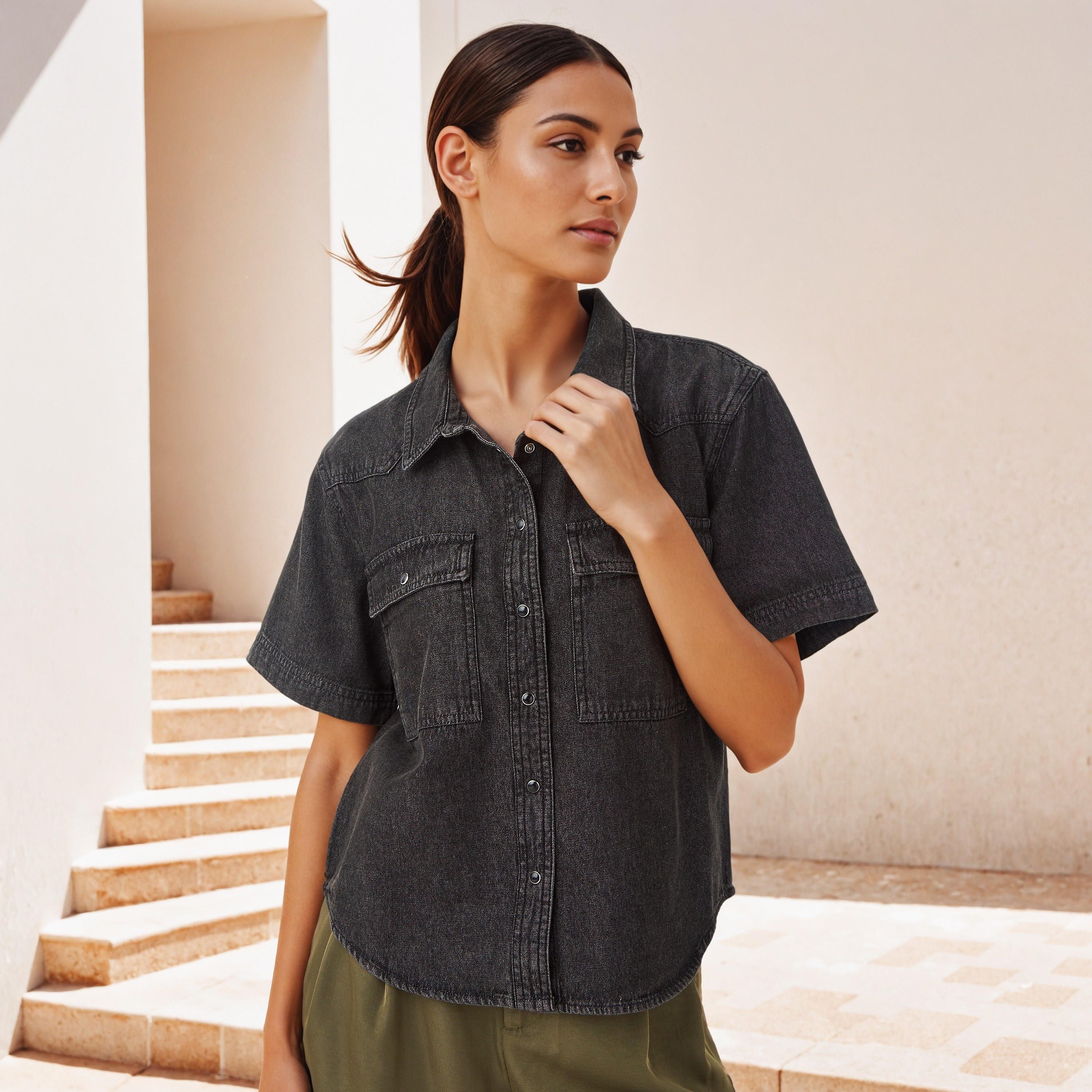 Regular Fit Denim Shirt with Pockets-women-clothing-shirtsandblouses-shirts-image-1