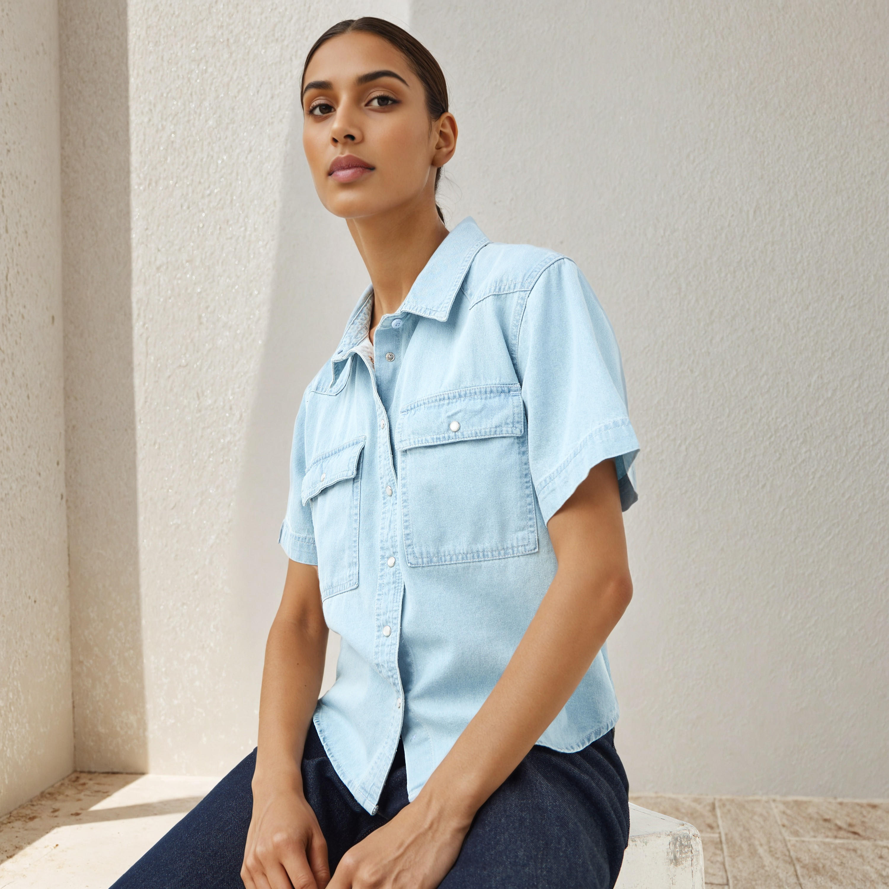قميص دينم بقصّة عادية وجيوب-women-clothing-shirtsandblouses-shirts-image-1