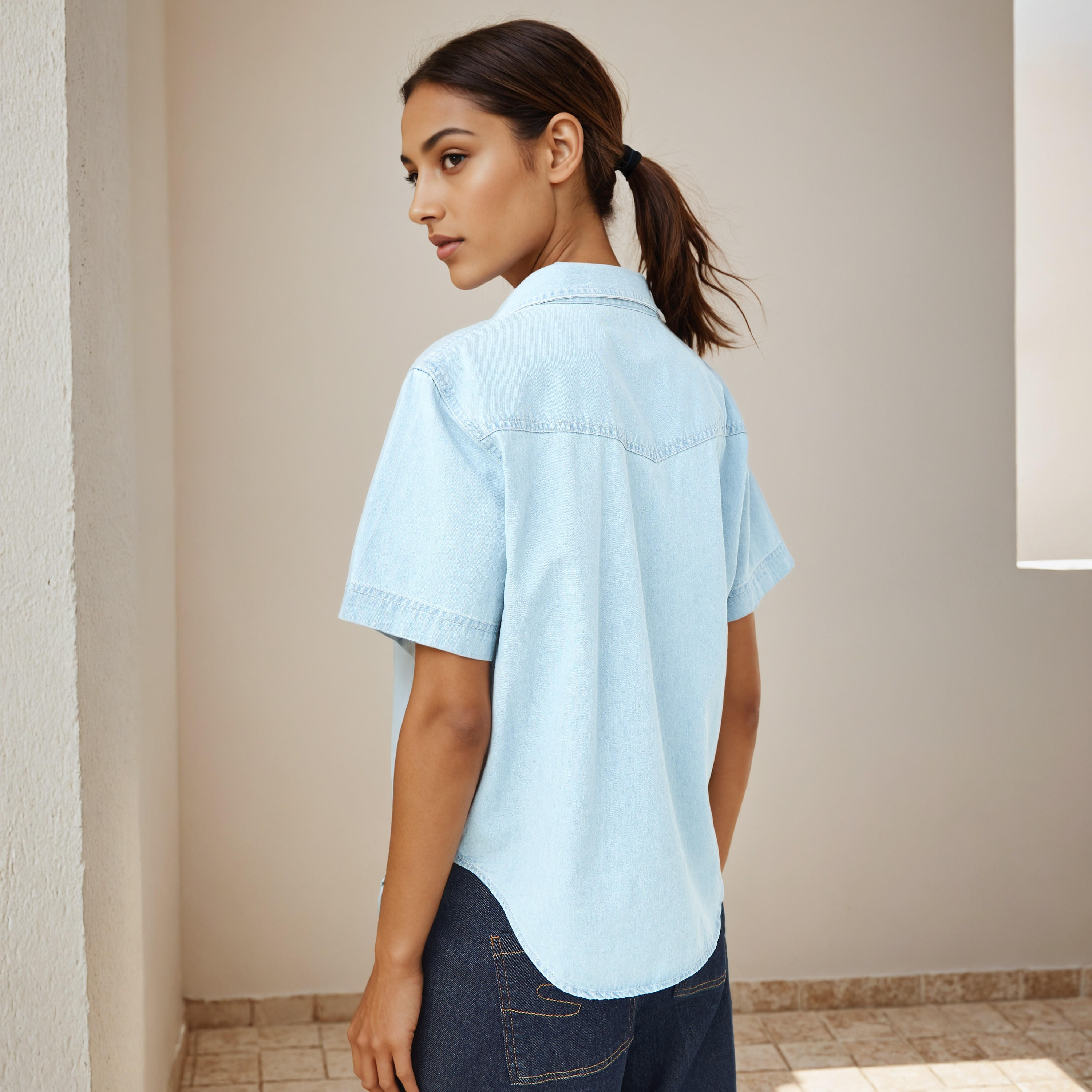 قميص دينم بقصّة عادية وجيوب-women-clothing-shirtsandblouses-shirts-image-3