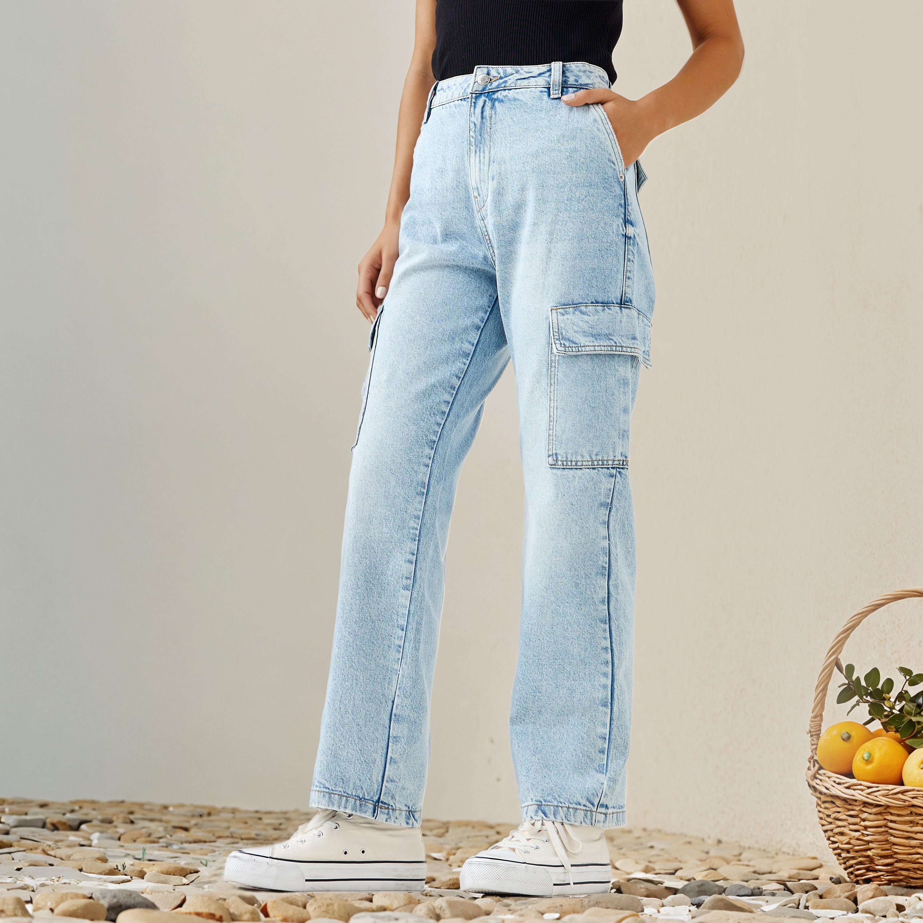 Straight Fit Cotton Jeans with Pockets-women-clothing-bottoms-jeans-image-1