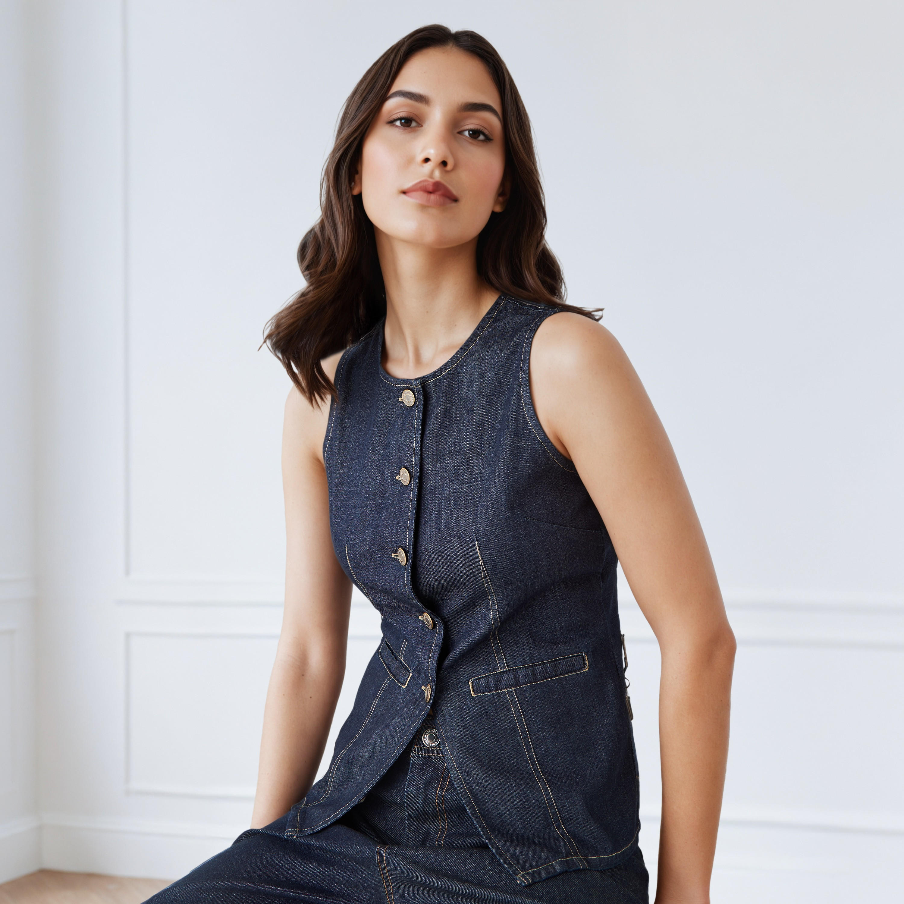 Sleeveless Denim Gilet with Button Closure-women-winterwear-coatsandjackets-jackets-image-1
