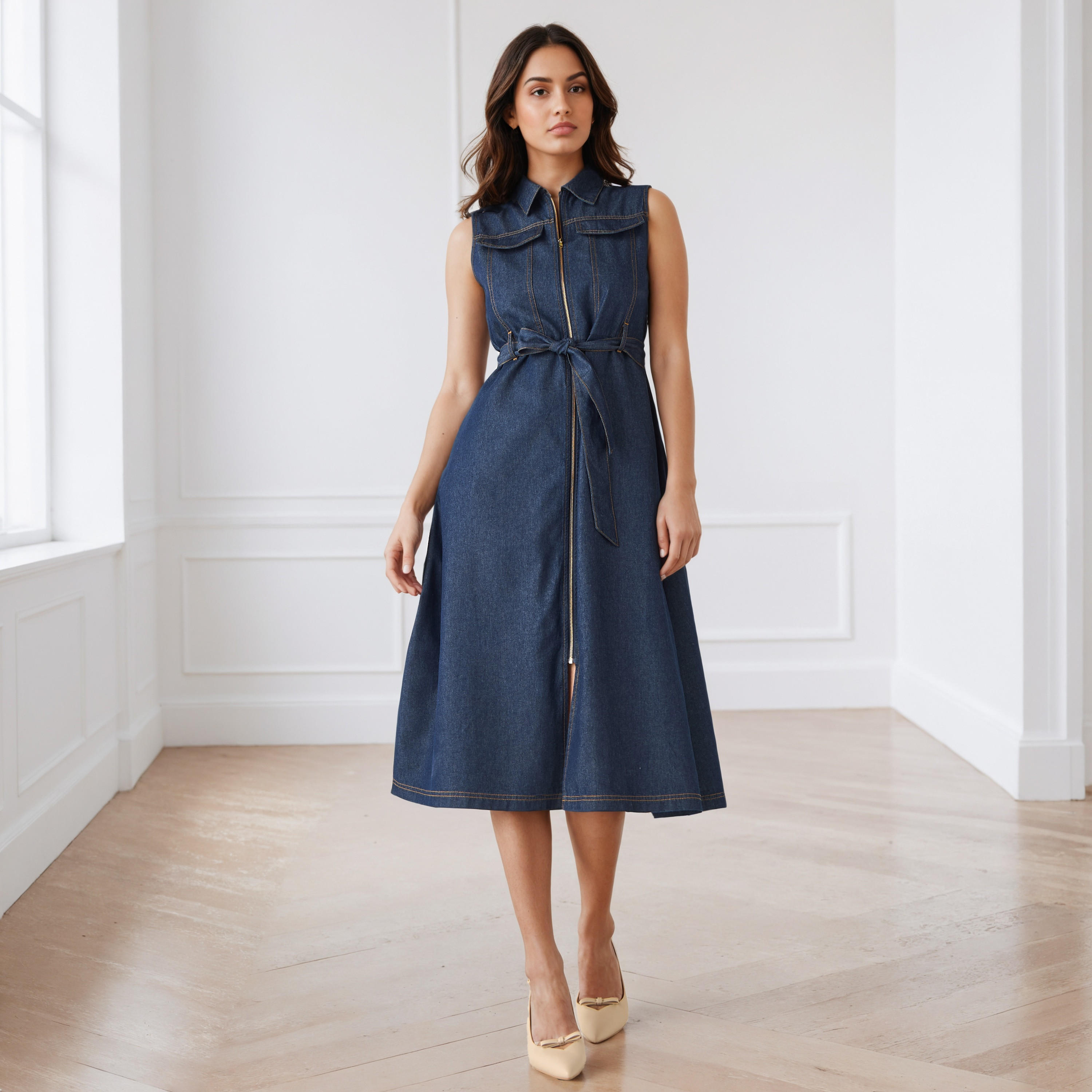 فساتن قميص دون أكمام دينم بسحاب إغلاق أمامي-women-clothing-dresses-image-1
