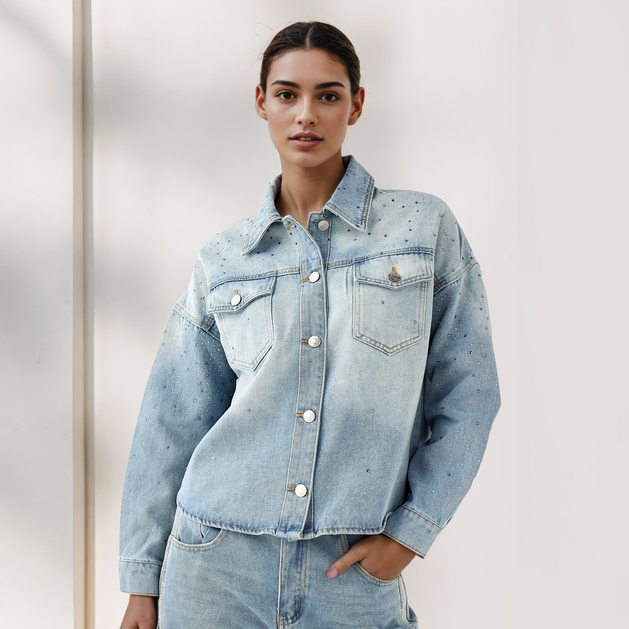 Regular Fit Cotton Denim Shirt with Embellished Detail-women-clothing-shirtsandblouses-shirts-image-1