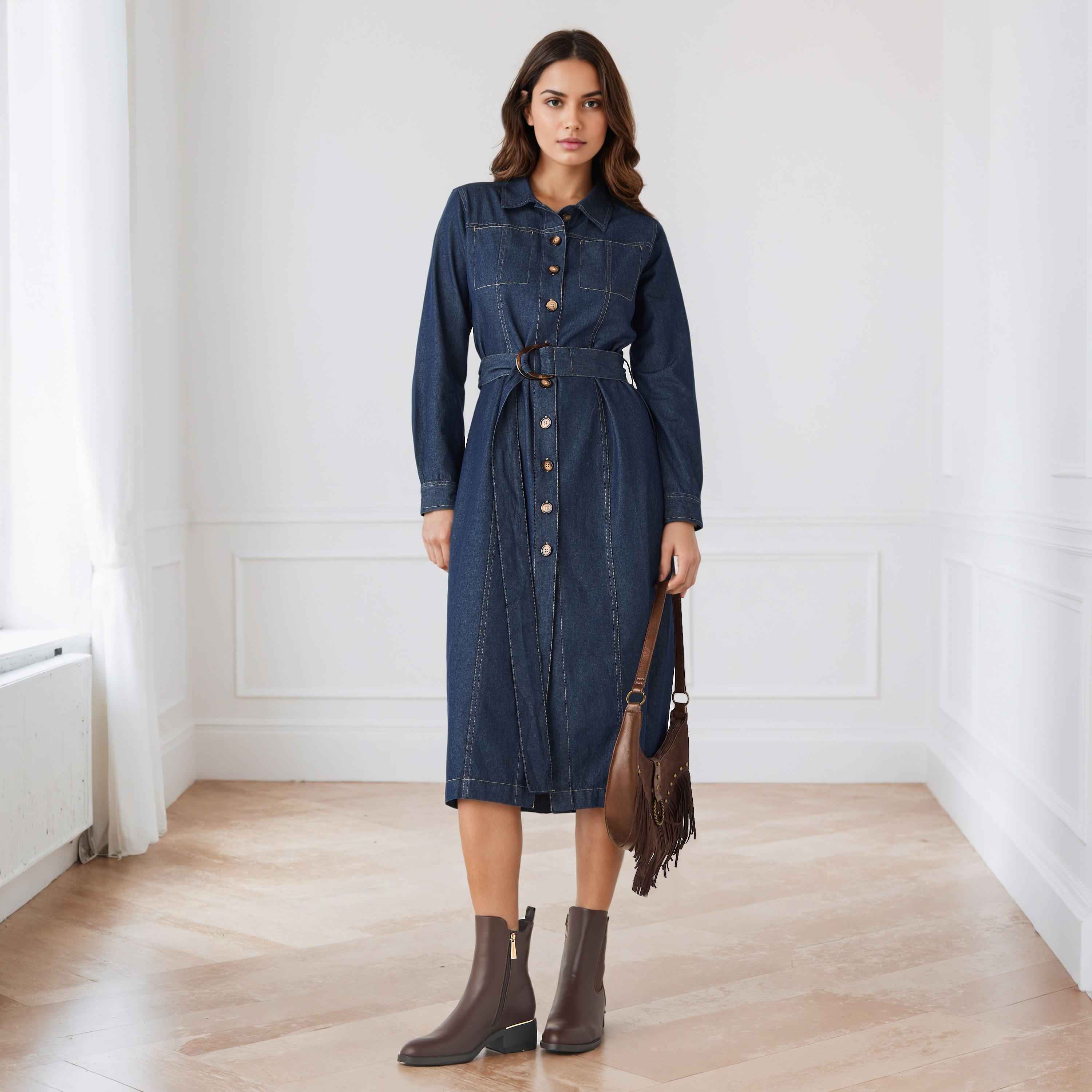 فستان قميص دينم بأكمام طويلة وحزام-women-clothing-dresses-image-1