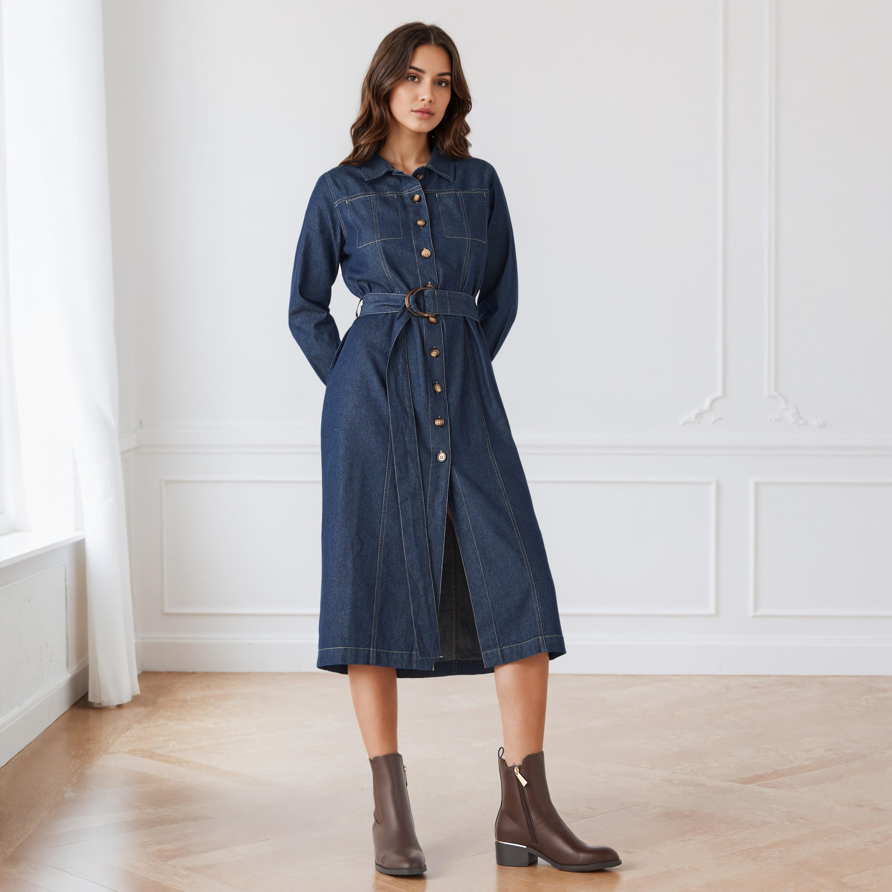 فستان قميص دينم بأكمام طويلة وحزام-women-clothing-dresses-image-2