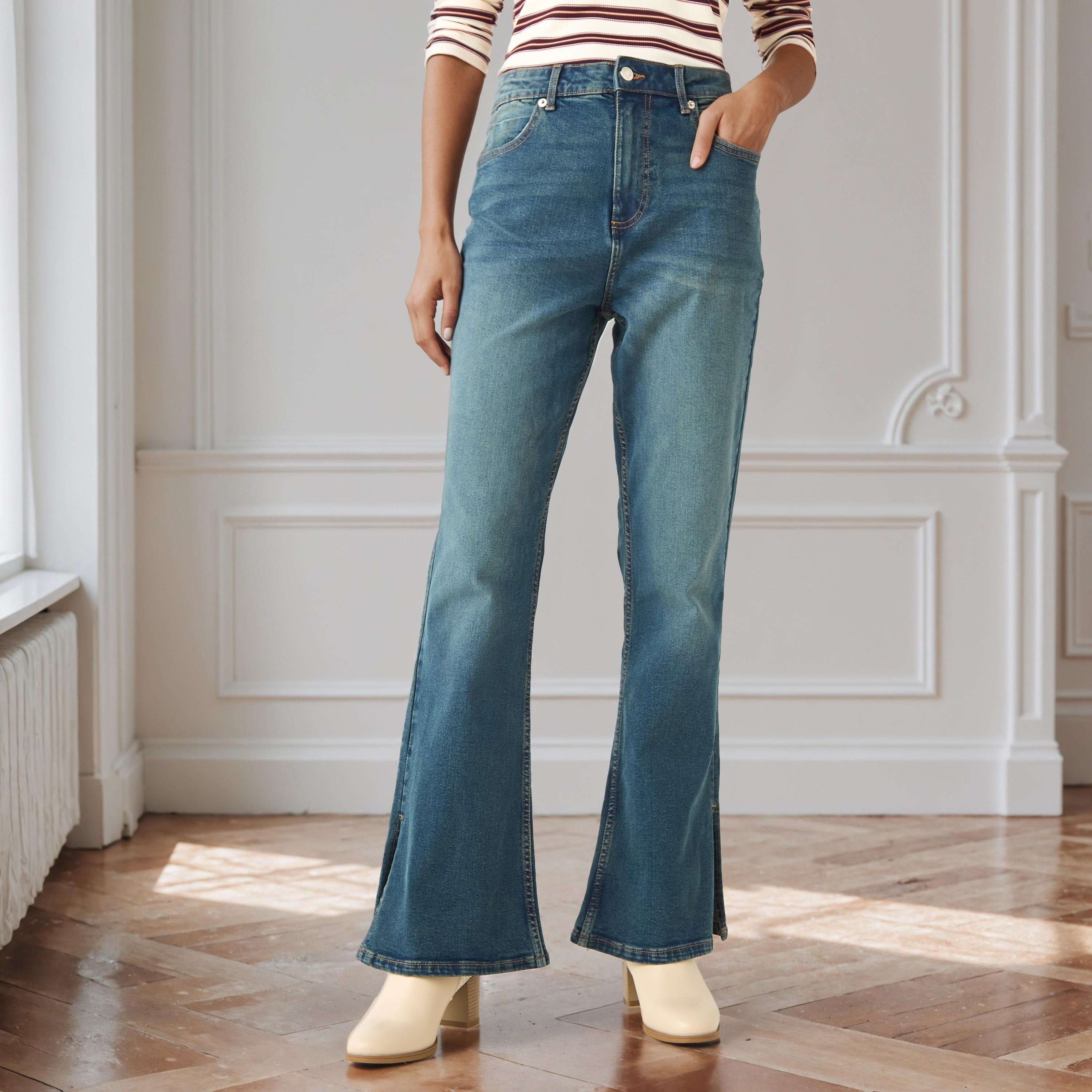 Flared High-Rise Cotton Jeans with Slits-women-clothing-bottoms-jeans-image-1
