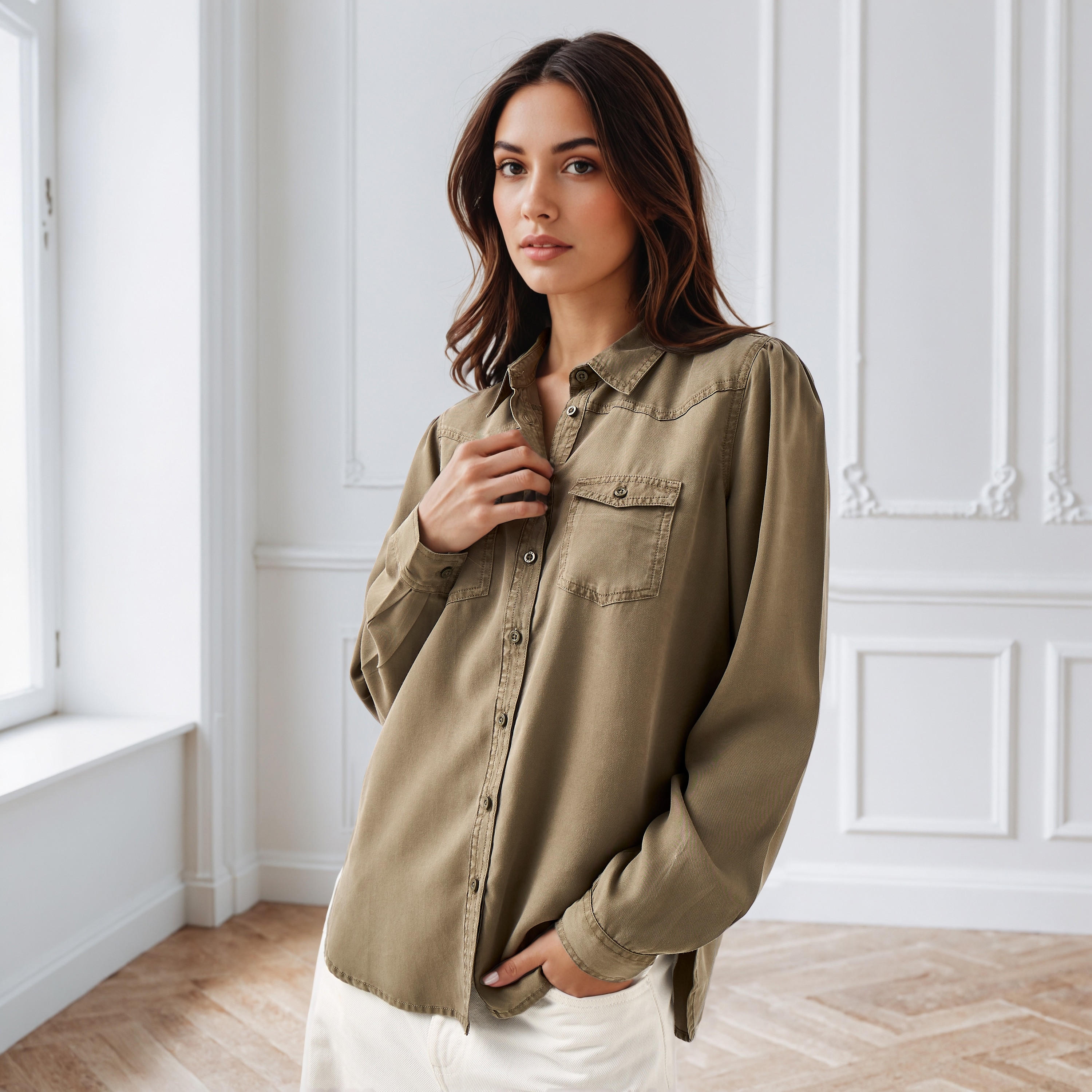 Regular Fit Tencel Denim Shirt with Pockets-women-clothing-shirtsandblouses-shirts-image-1