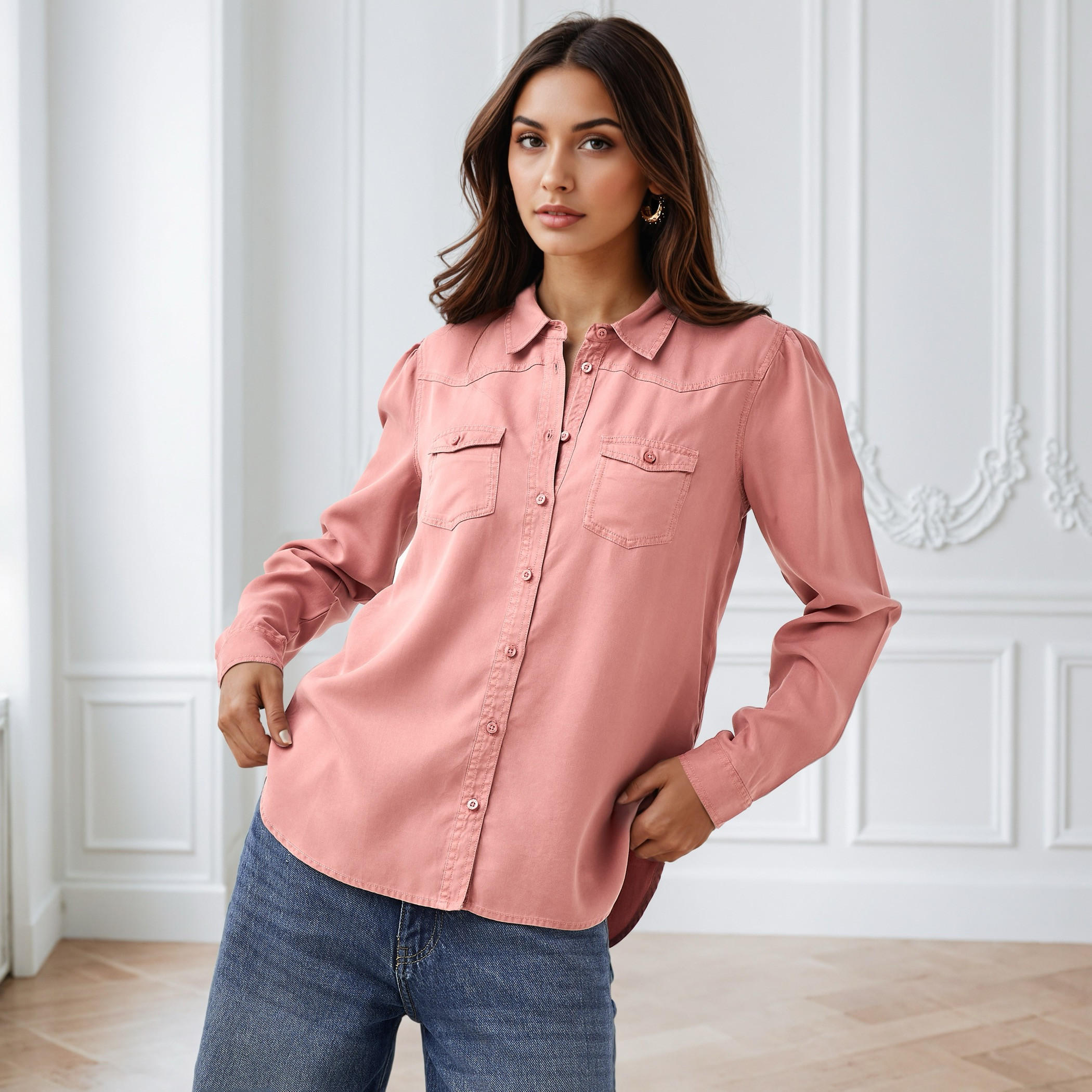 Regular Fit Tencel Denim Shirt with Pockets-women-clothing-shirtsandblouses-shirts-image-1