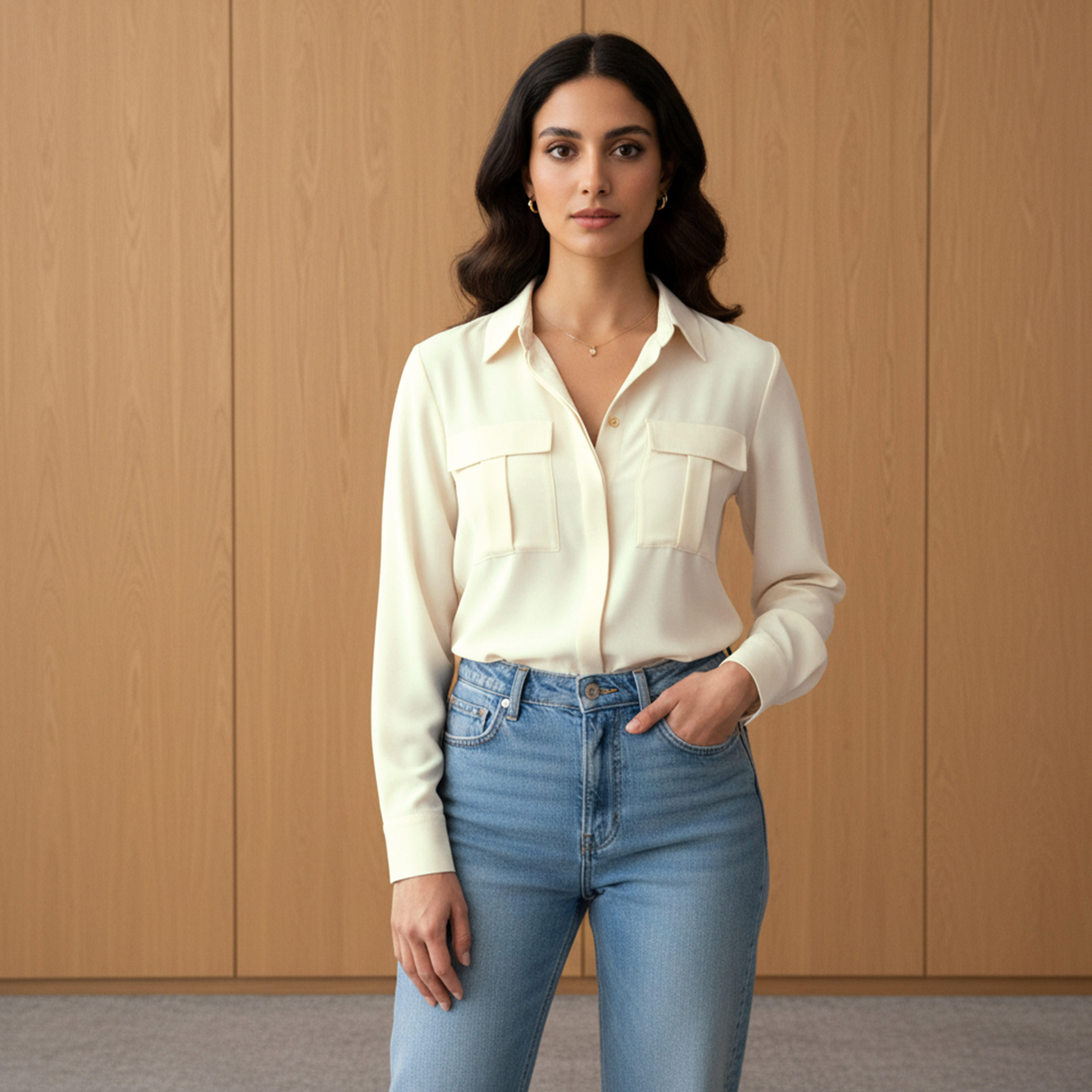 قميص تينسل دينم بقصة عادية وجيوب-women-clothing-shirtsandblouses-shirts-image-4