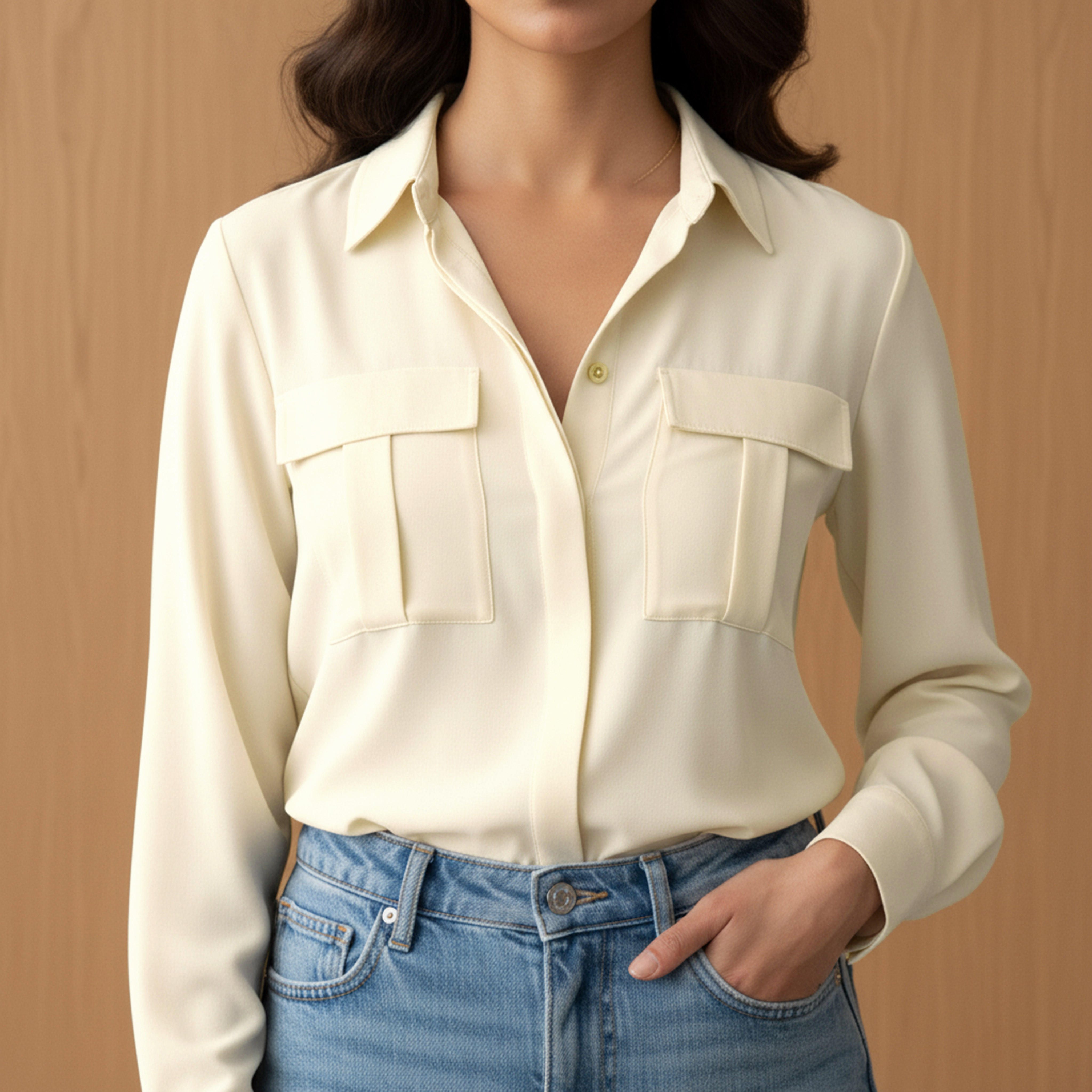 قميص تينسل دينم بقصة عادية وجيوب-women-clothing-shirtsandblouses-shirts-image-1