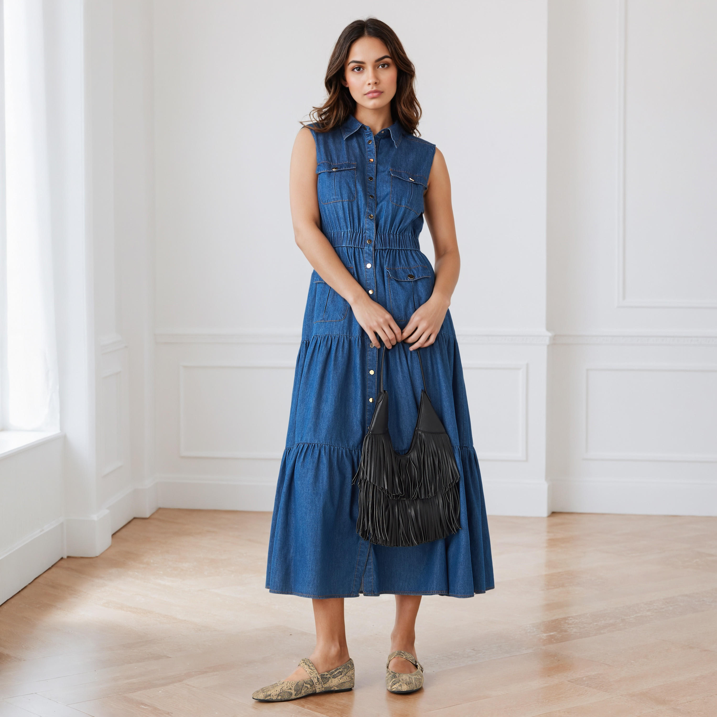 Denim Tiered Sleeveless Dress with Collar and Pockets-women-clothing-dresses-image-1