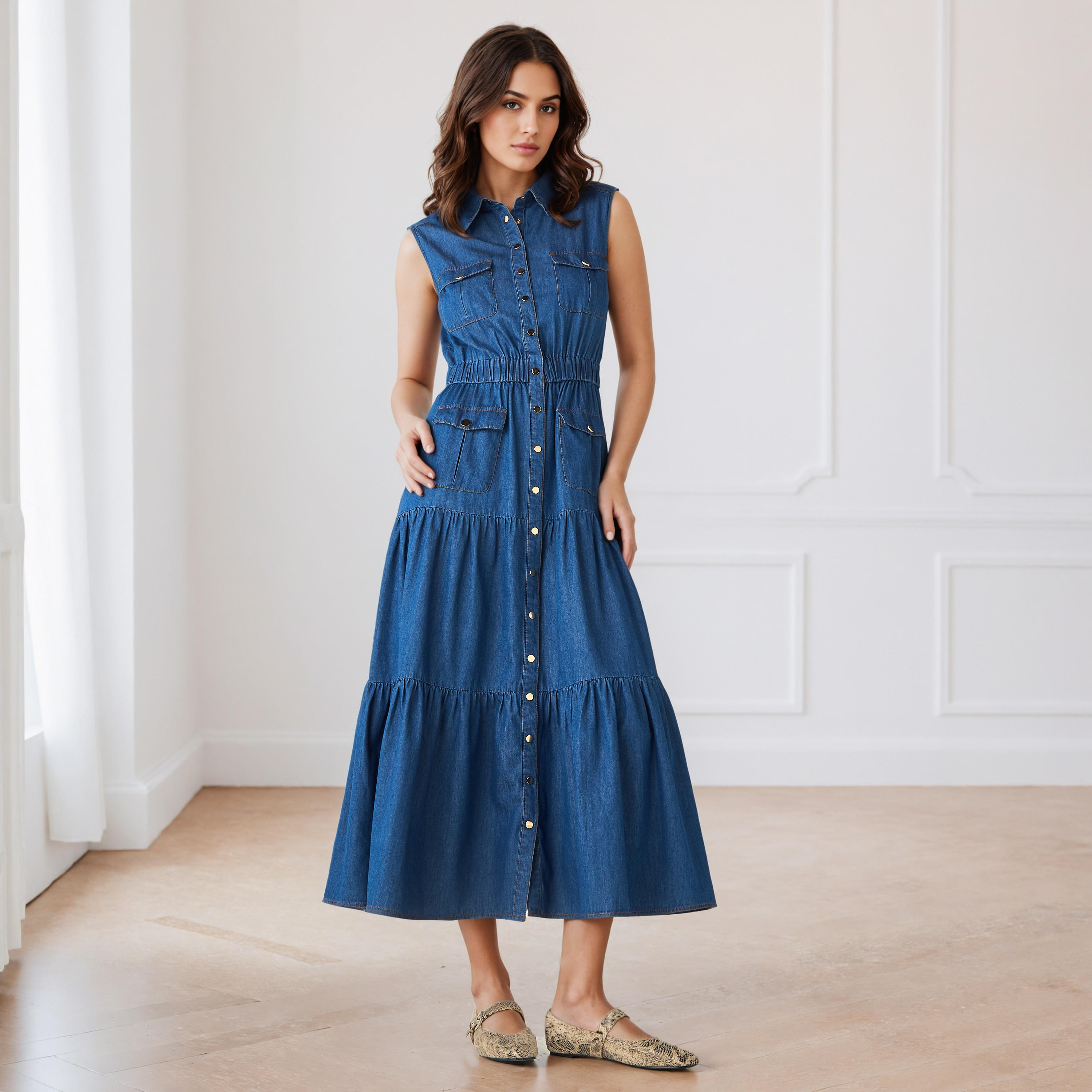 Denim Tiered Sleeveless Dress with Collar and Pockets-women-clothing-dresses-image-2