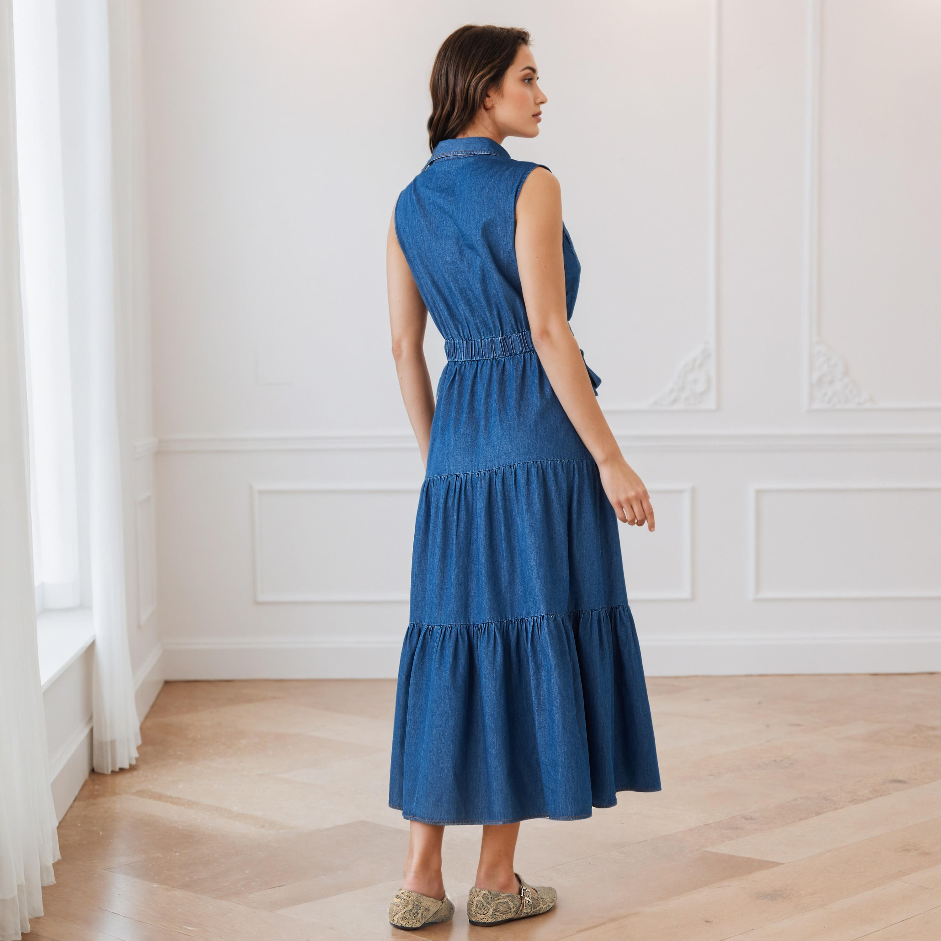 Denim Tiered Sleeveless Dress with Collar and Pockets-women-clothing-dresses-image-4