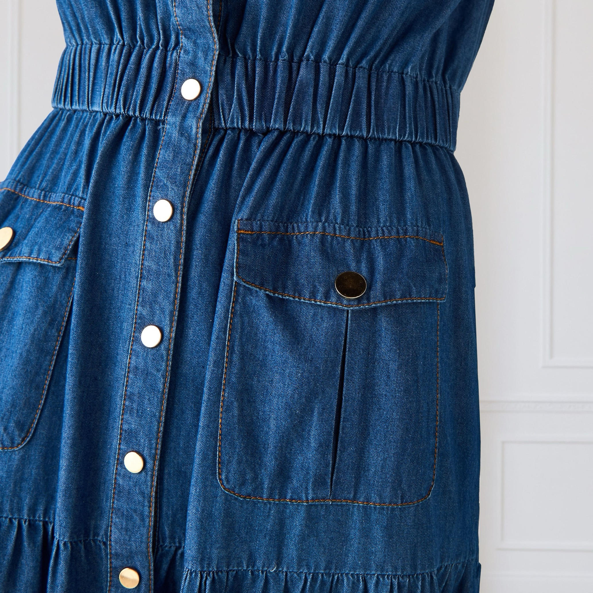 Denim Tiered Sleeveless Dress with Collar and Pockets-women-clothing-dresses-image-5