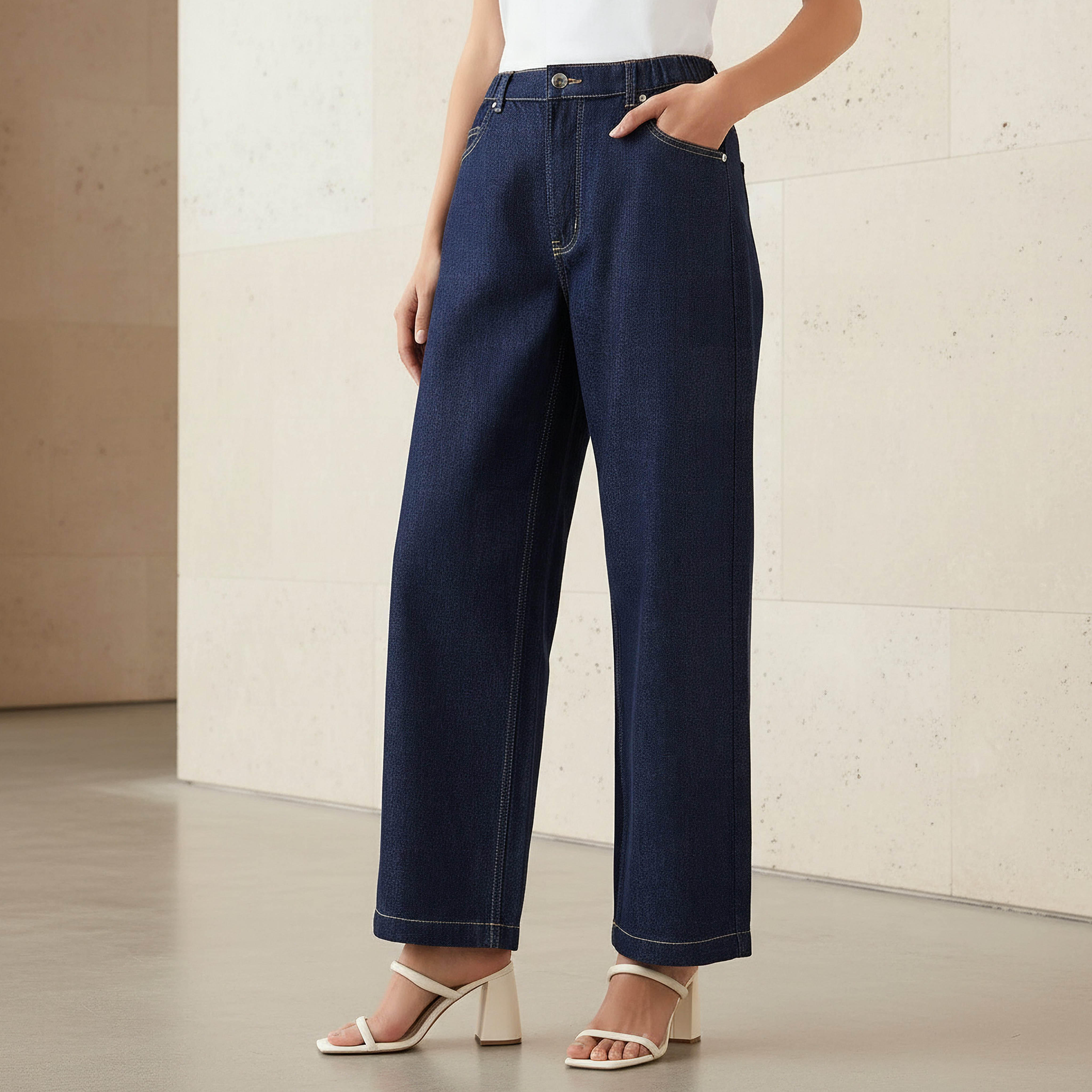 بنطلون جينز قطن واسع الساقين بخصر مرن-women-clothing-bottoms-jeans-image-1