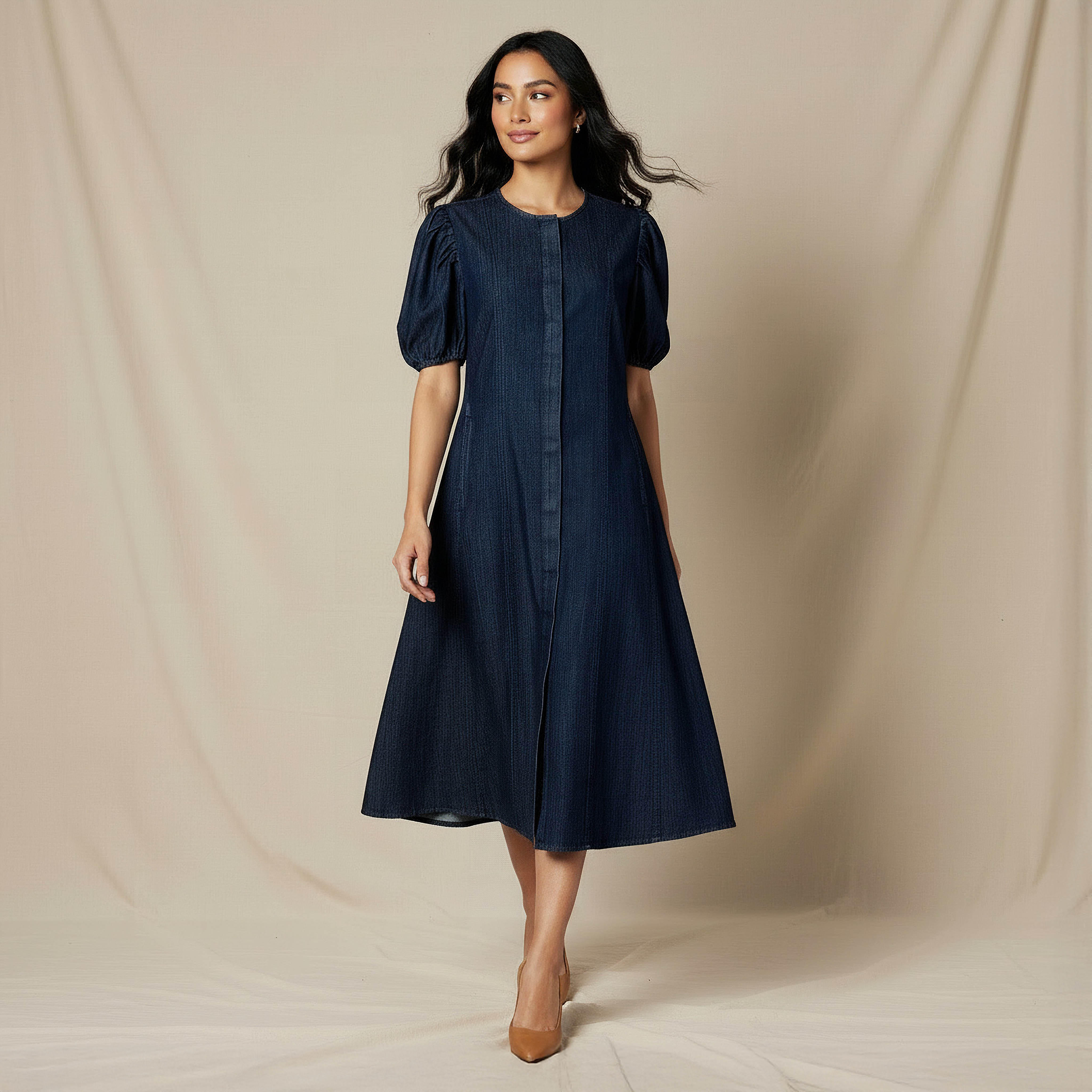 Shirt Midi Cotton Dress with Puff Sleeves-women-clothing-dresses-image-1