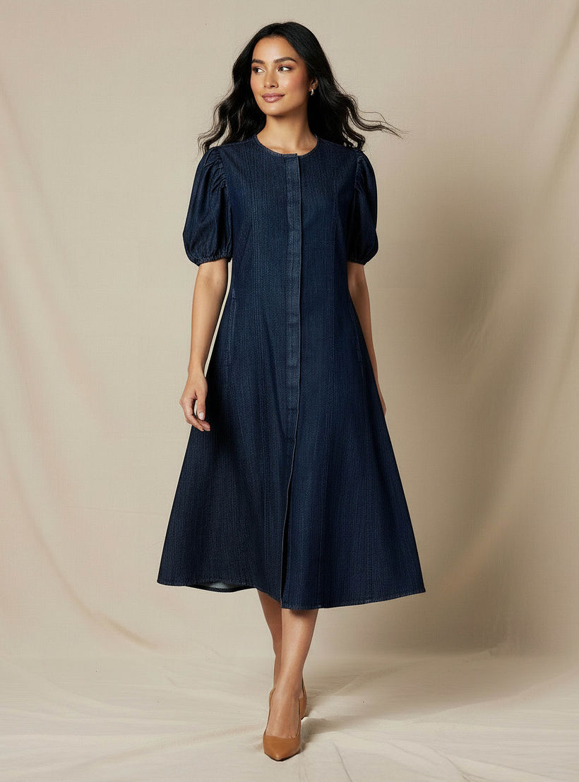 فستان قميص ميدي قطن بأكمام منفوخة-women-clothing-dresses-image-1