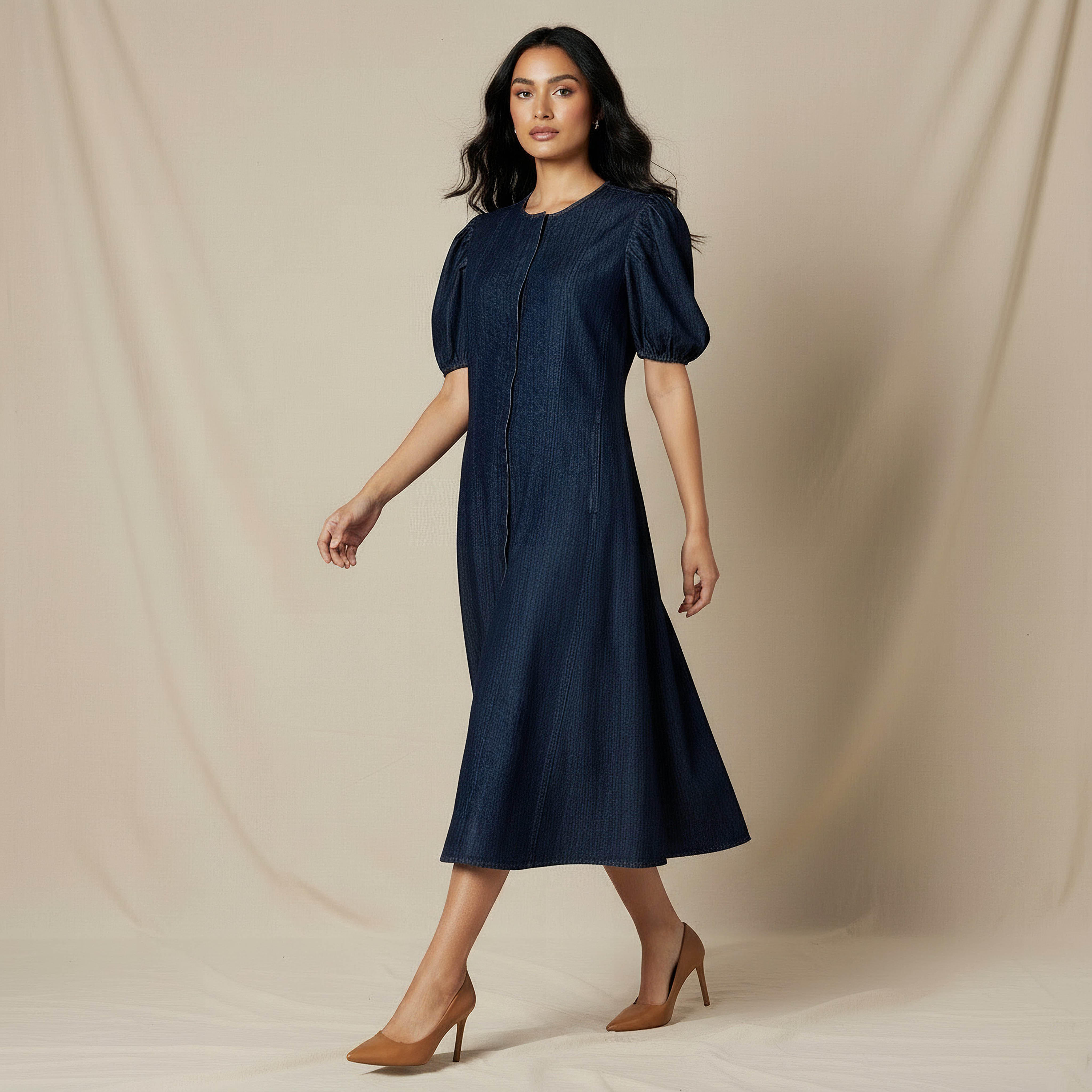 فستان قميص ميدي قطن بأكمام منفوخة-women-clothing-dresses-image-2